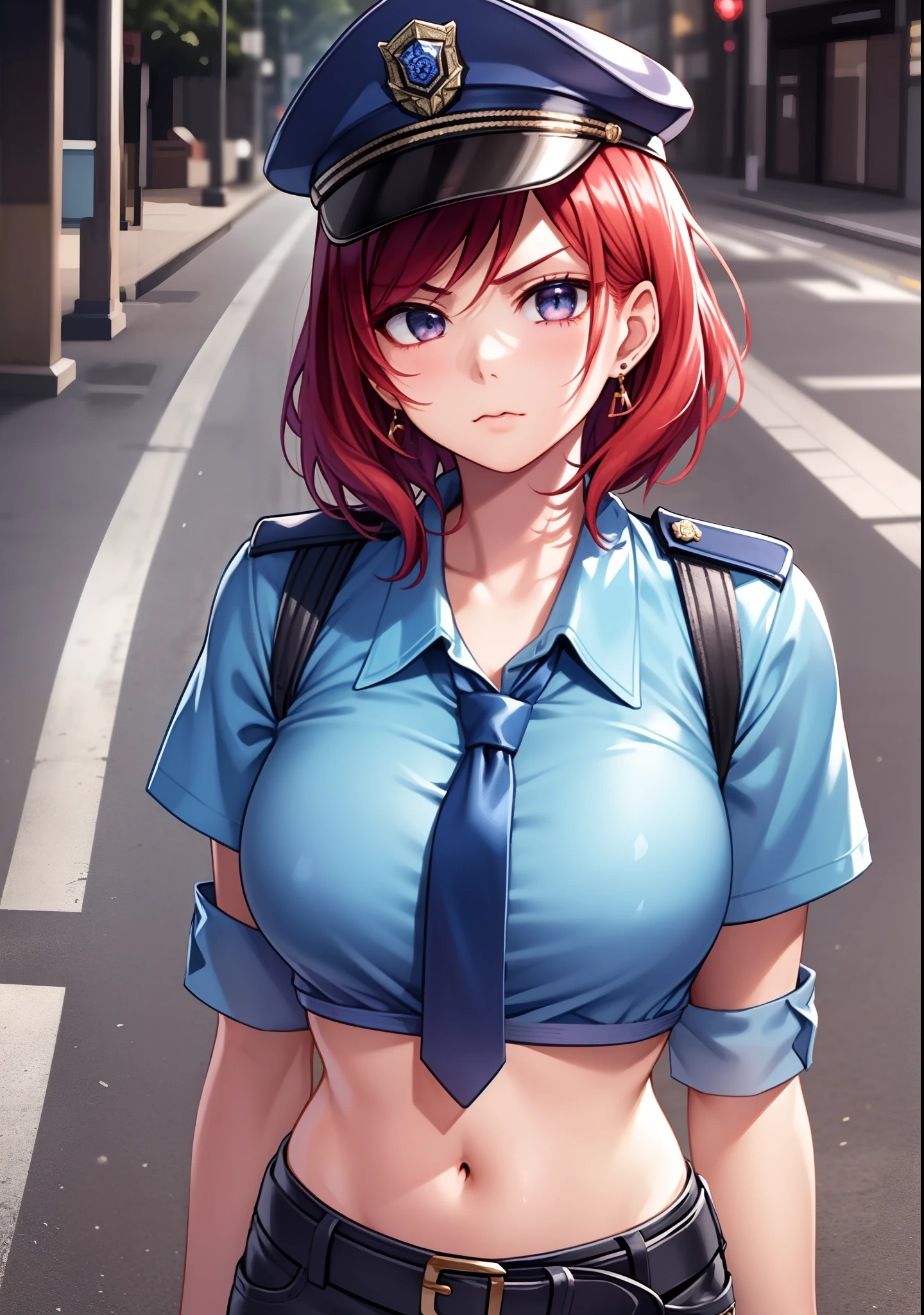 Masterpiece, best quality, detailed face,Nishikino maki, short hair, blue shirt,half sleeves, necktie,earrings, black belt, tight white low shorts, midriff, standing, sadistic pose, from above,  police cap,in street, toned stomach, looking at viewer, serious face