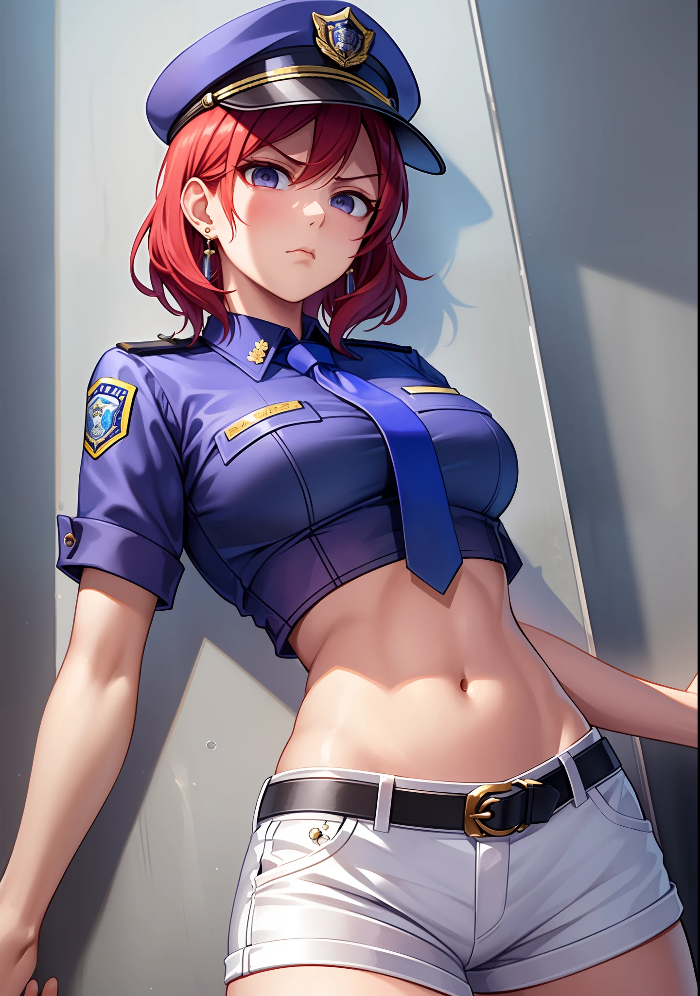 Masterpiece, best quality, detailed face,Nishikino maki, short hair, blue shirt,half sleeves, necktie,earrings, black belt, tight white low shorts, midriff, standing, sadistic pose, from above,  police cap,in street, toned stomach, looking at viewer, serious face