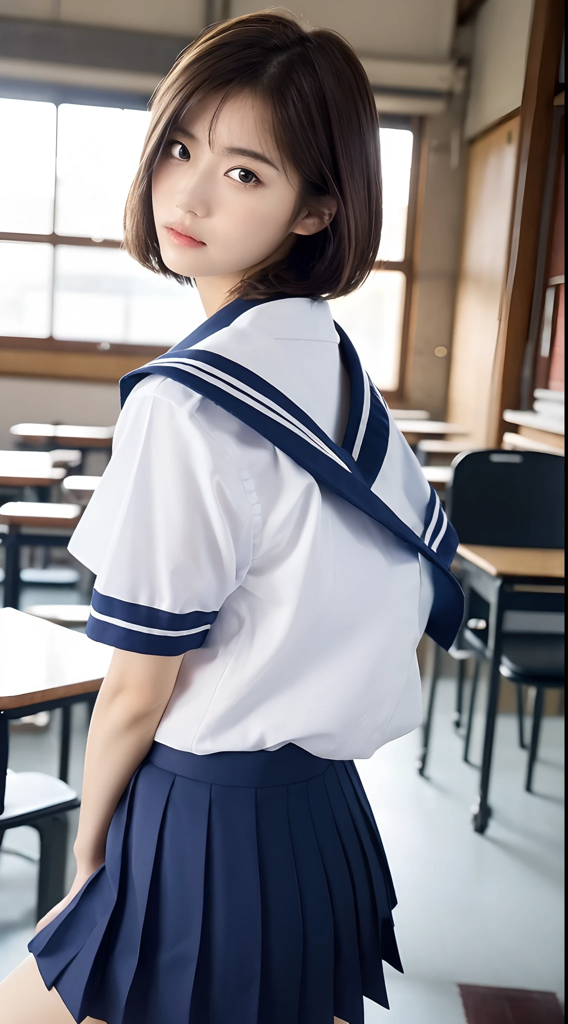 (Top Quality, 8K, Masterpiece: 1.3)), Focus: 1.2, Perfect Body Beauty: 1.8, Ass: 1.2, ((Layered Haircut, Breasts: 2.5)), Japan High School Girl, Sailor Suit Worn by Japan High School Students, JK, (School, Classroom), Highly Detailed Face and Skin Texture, Big Eyes, Tanuki Face, Double Eyelids, Whitened Skin, Shoot Cut