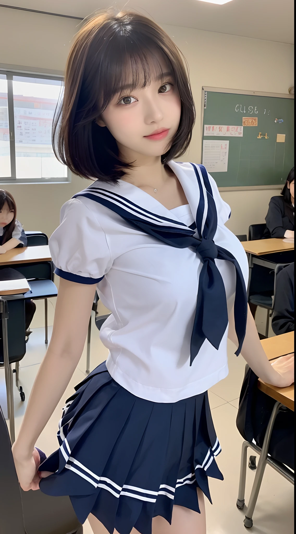 (Top Quality, 8K, Masterpiece: 1.3)), Focus: 1.2, Perfect Body Beauty: 1.8, Ass: 1.2, ((Layered Haircut, Breasts: 2.5)), Japan High School Girl, Sailor Suit Worn by Japan High School Students, JK, (School, Classroom), Highly Detailed Face and Skin Texture, Big Eyes, Tanuki Face, Double Eyelids, Whitened Skin, Shoot Cut