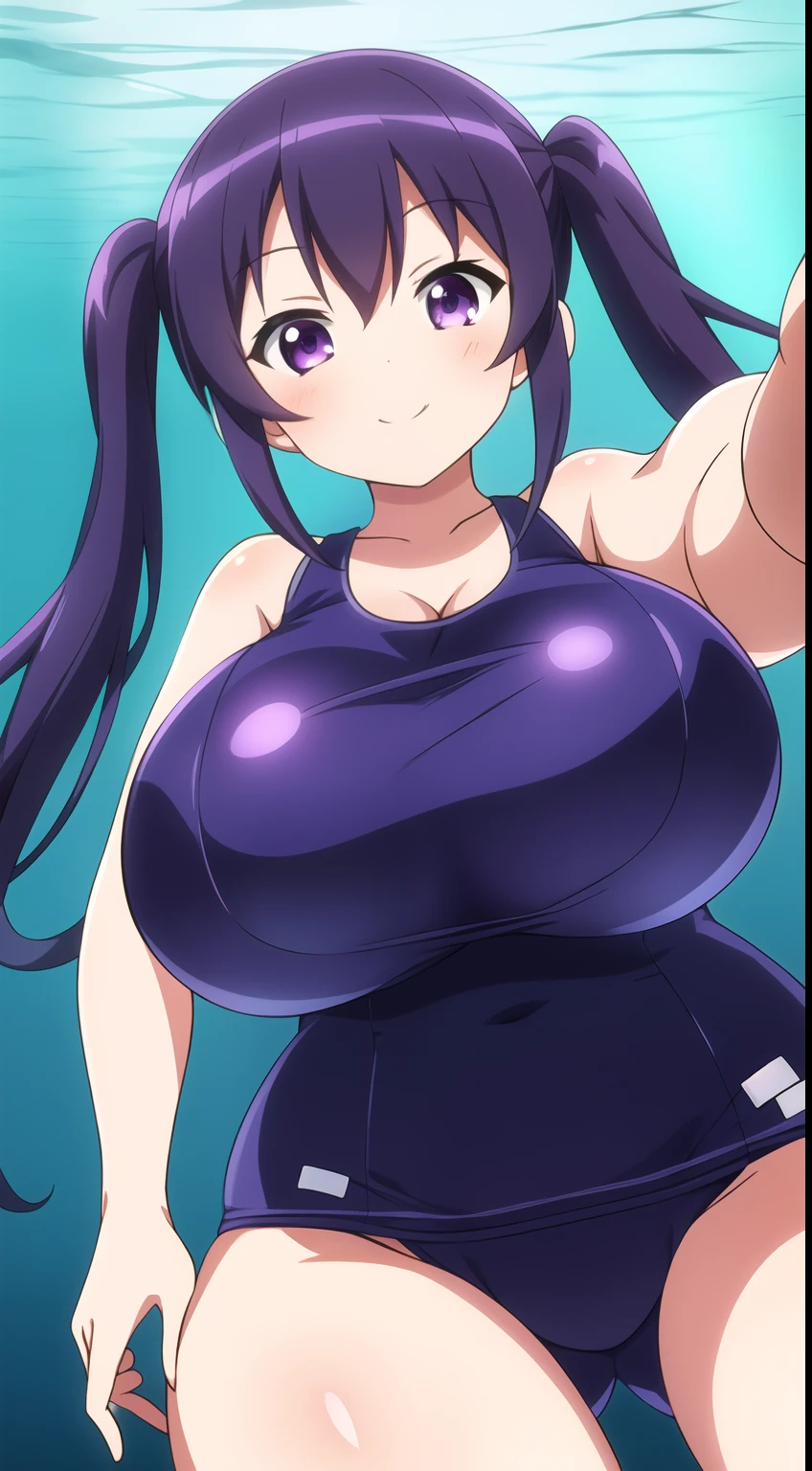 (masterpiece), (1girl), (massive), (purple black hair), (Twin tails), (Purple eyes), (smile), (coral reef:1.2), (underwater), (bubble), (thigh), (school swimwear), (reaching out), (looking at viewer), (from below), (huge breast)