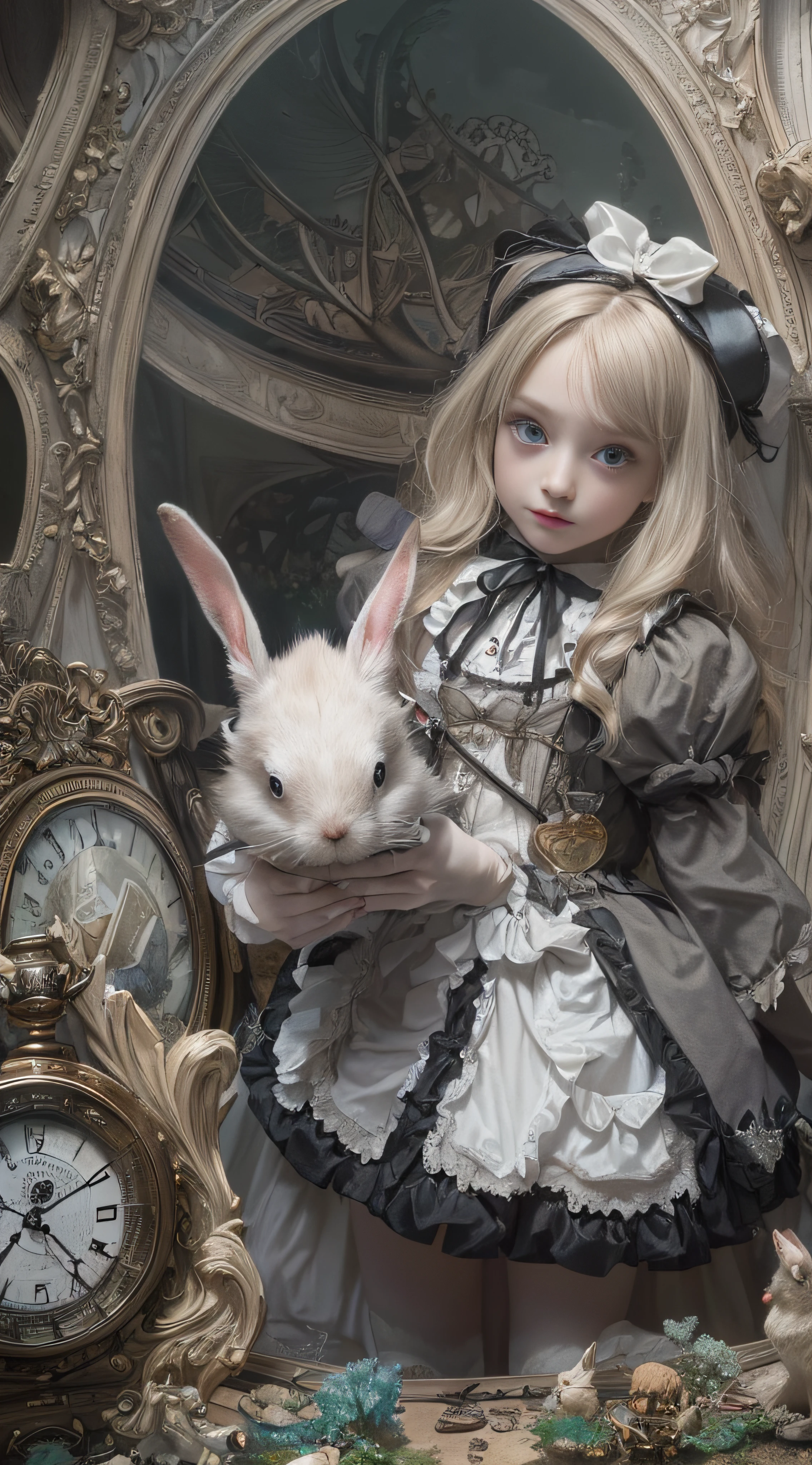 (((Masterpiece))), (((top quality))), (((top image quality))), (((ultra-realistic depiction))), (((Alice in Wonderland in Gothic Lolita fashion))), (((diorama worldview))), chasing a rabbit wearing a silk hat and holding a pocket watch.