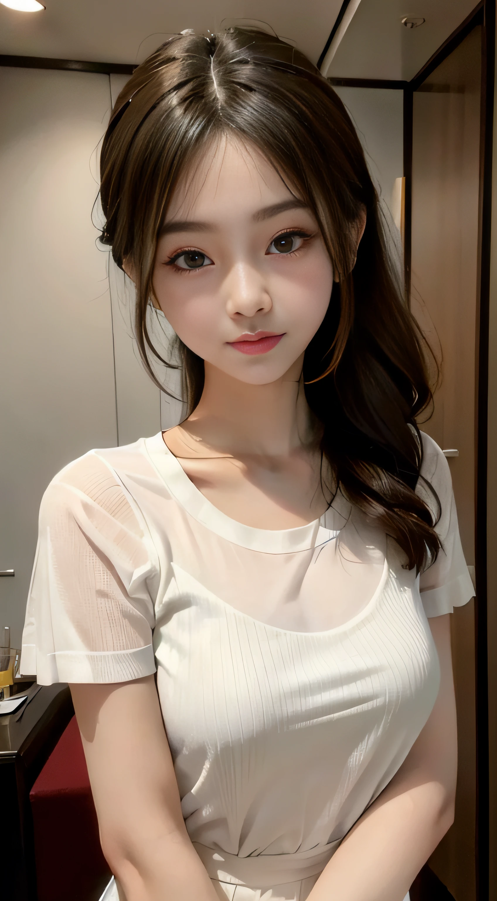 masterpiece、Top image quality:1.2、((beautiful young woman with))、Transparent skin:1.2、{A slight smil}、(kawaii)、Short sleeve knit、luxury hotel、depth of fields