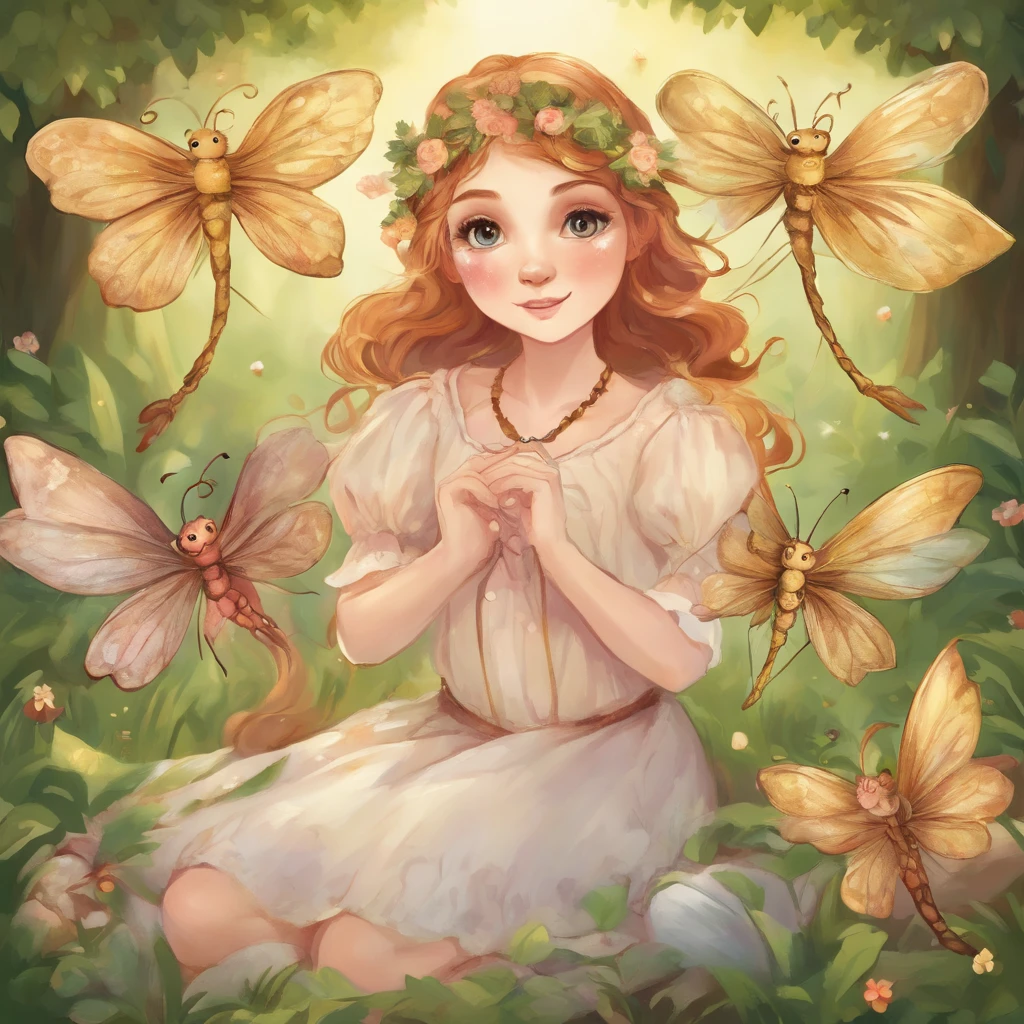 Three cute fairies, huge hazel eyes, dragonflies, forest, sense of joy, golden hour, Mab Graves
