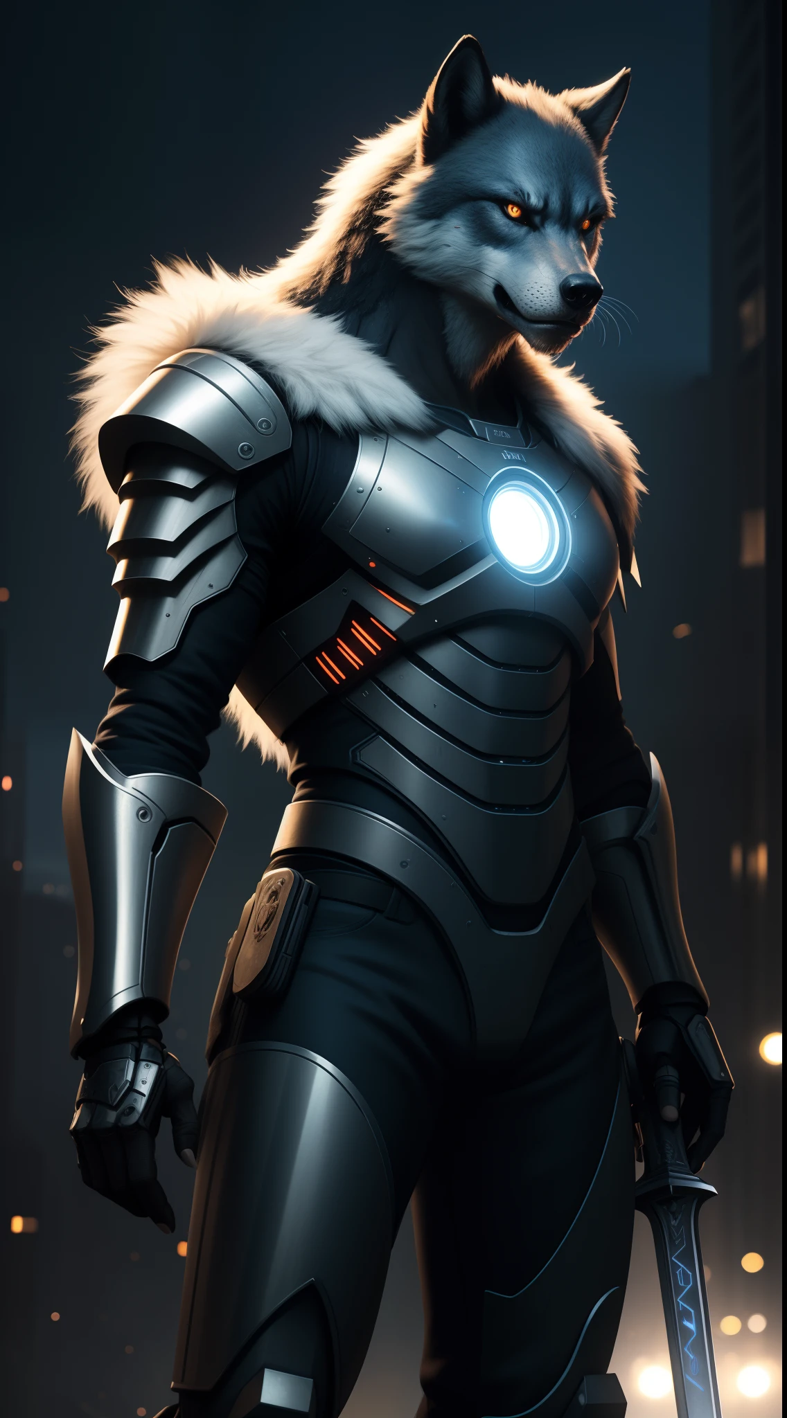 (best quality,4k,8k,highres,masterpiece:1.2),ultra-detailed,(realistic,photorealistic,photo-realistic:1.37),A warrior werewolf wearing a Cyborg armor and holding a PlayStation 5 graphics 3D sword.3D rendering,metallic material,glowing eyes,fur texture,sharp focus,professional,bokeh,vivid colors,concept art,sci-fi,futuristic lighting,blue color palette.