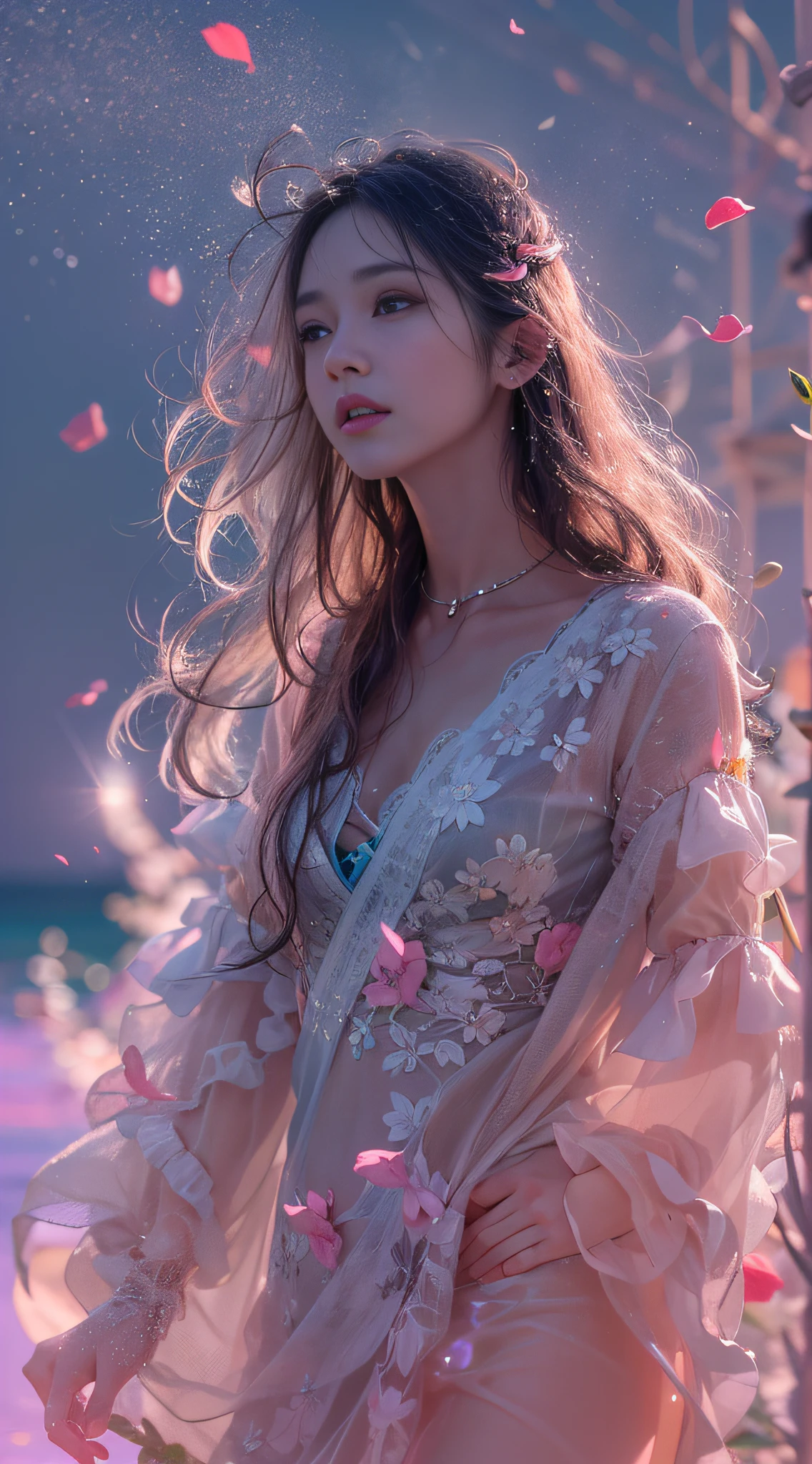 8K, 。...........。.。.。.3D, realist, Ultra Micro Photography, of the highest quality, Super Dutter CG Unity 8K,Beautiful woman with water droplets,Neon light,Random background,sunrises,bokha mood, long and loose hair,Petals fall in the wind,Nikon Photo Effects