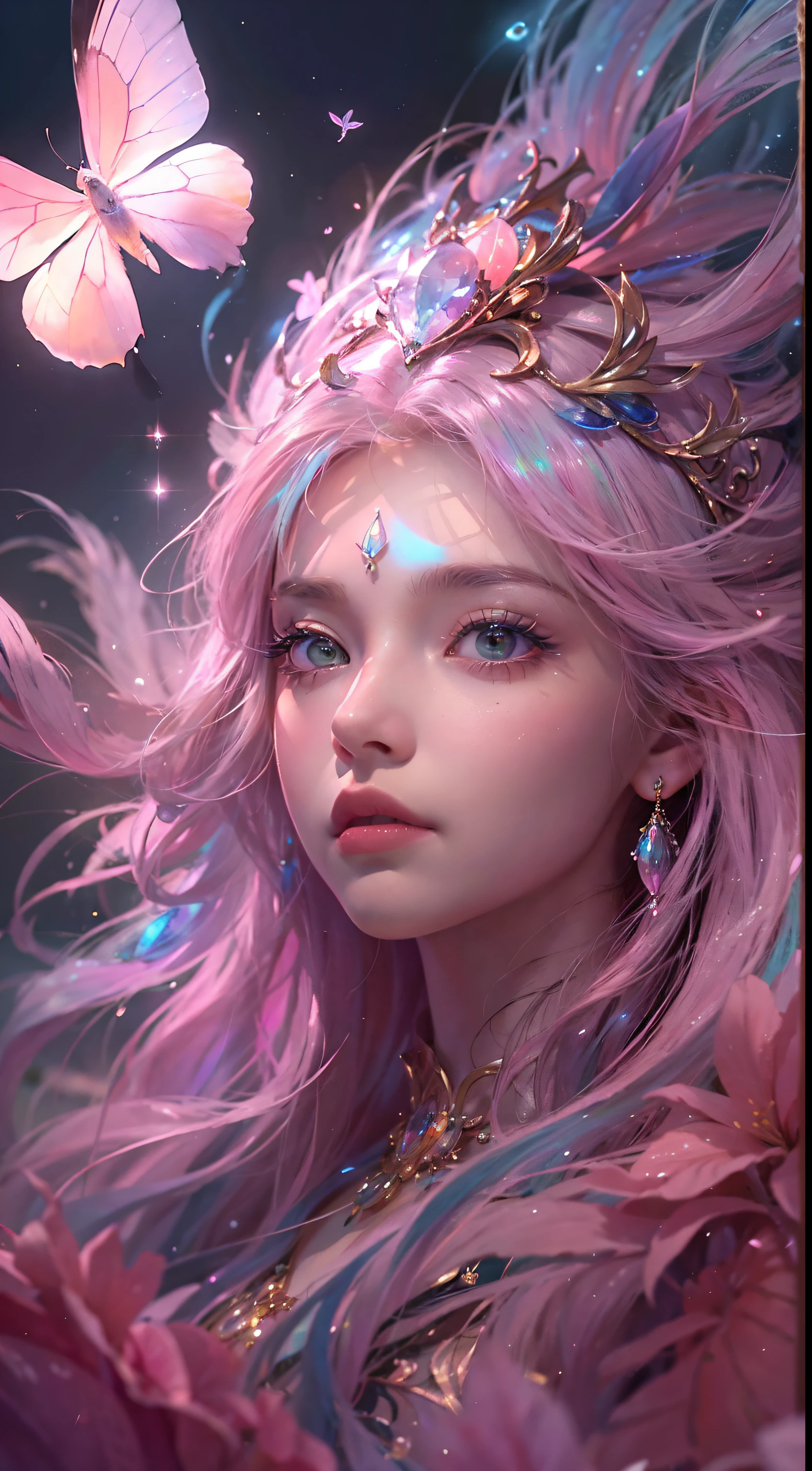 (((masterpiece))), (((best quality))), ((ultra-detailed)),(highly detailed CG illustration), ((an extremely delicate and beautiful)),cinematic light, Create a stunning fantasy artwork that mimics the style of currently trending masters of the genre. The art piece should contain elements of both mythic fantasy and fairytale fantasy with colorful accents. ((Utilize various shades of pink and watercolor pastels as the main color scheme.)) The character in the artwork is a delicate but strong petite figure with an aura of mystery and magic. Pay close attention to intricate facial features, such as mesmerizing eyes with vibrant colors and bold shading. The character's clothing should be designed with gossamer feathers, silk, stunning embroidery, and subtle iridescent details. Incorporate dreamy colors, dynamic lighting, and detailed background elements to create a sense of awe and immersion. Include colorful flying magical birds and jewel-toned butterflies radiating a magical aura. Consider the latest trends in fantasy art, such as incorporating unique lighting effects, exploring dynamic and compelling composition techniques, and experimenting with unique color palettes. Take inspiration from the top artists on ArtStation and Midjourney. Camera: Choose an angle that highlights the character's beauty and enhances the magical majesty of the artwork. Lighting: Utilize atmospheric lighting techniques to create depth and mood. Resolution: Aim for a high-resolution artwork to showcase intricate details and clarity. Art Inspirations: Seek inspiration from the trending artists on ArtStation, exploring different styles, genres, and themes.