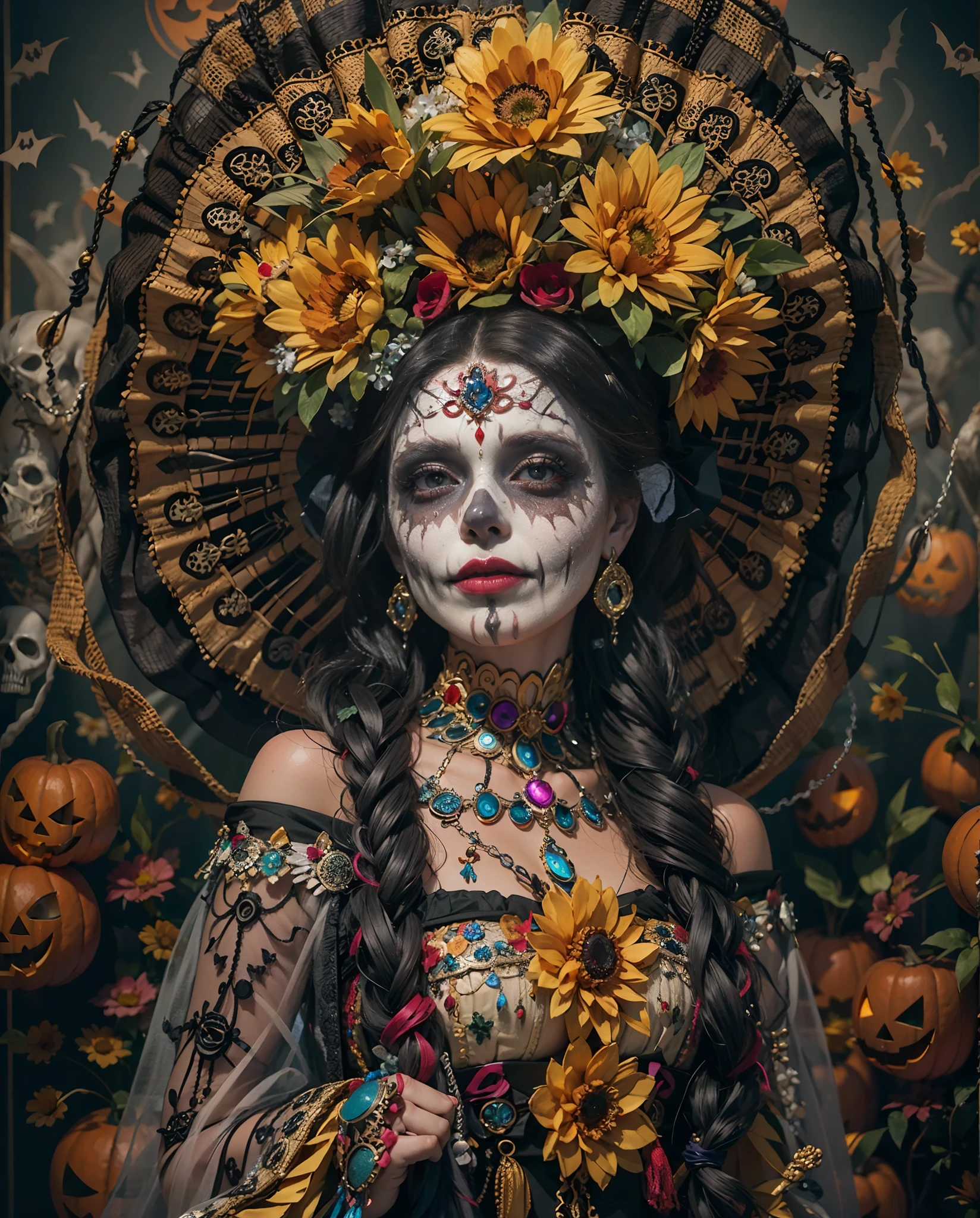 Best quality, masterpiece, meticulous details, intricate detail, realistic, a mystical halloween mexican CATRINA lady with cheerful expression, spooky vibes