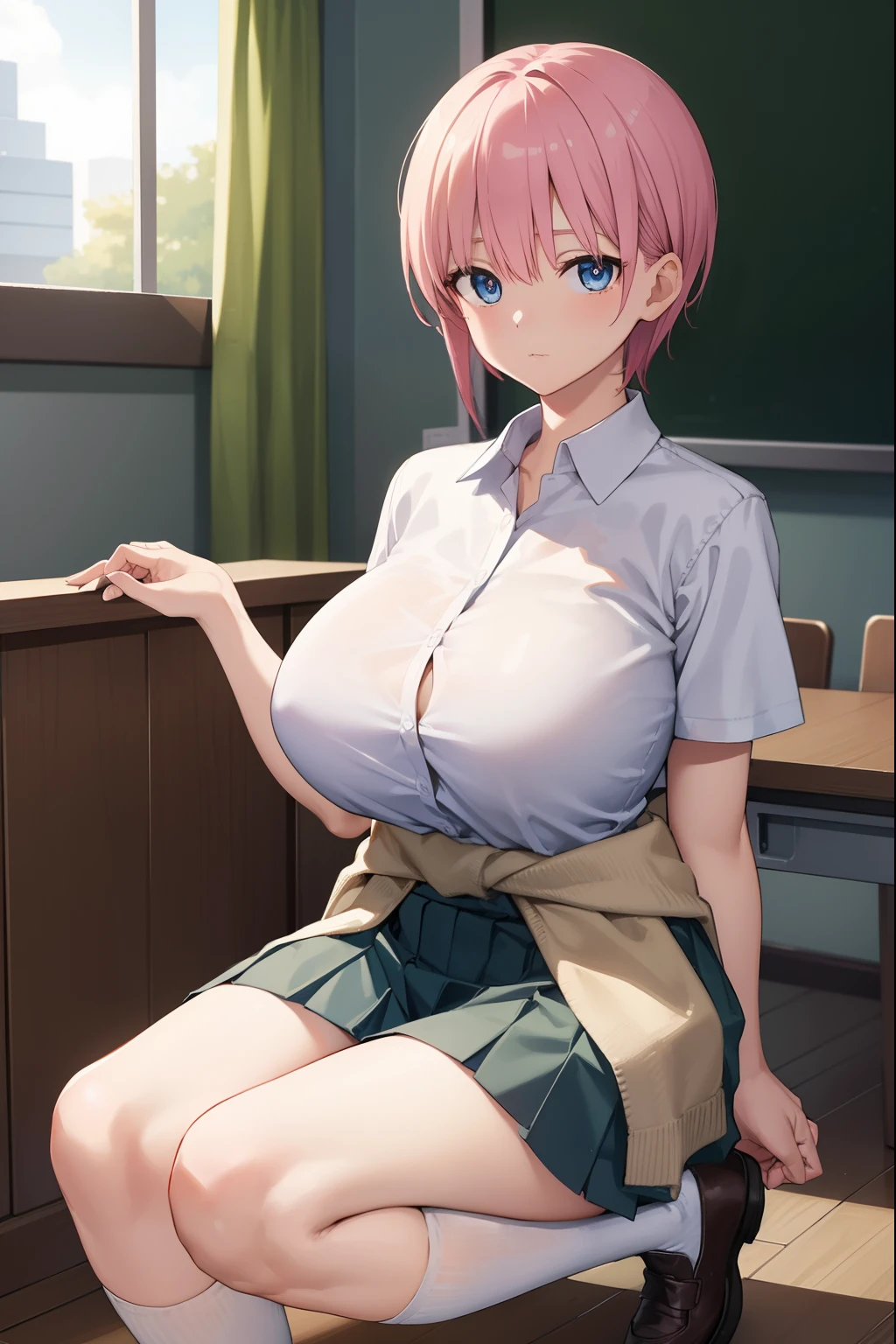 Huge tits, ichikanakano, ichika nakano, short hair, bangs, blue eyes, hair between eyes, pink hair,
BREAK skirt, shirt, school uniform, white shirt, short sleeves, pleated skirt, shoes, socks, collared shirt, black footwear, sweater, white socks, green skirt, loafers, clothes around waist,
BREAK indoors, classroom,
BREAK looking at viewer, BREAK (masterpiece:1.2), best quality, high resolution, unity 8k wallpaper, (illustration:0.8), (beautiful detailed eyes:1.6), extremely detailed face, perfect lighting, extremely detailed CG, (perfect hands, perfect anatomy),
