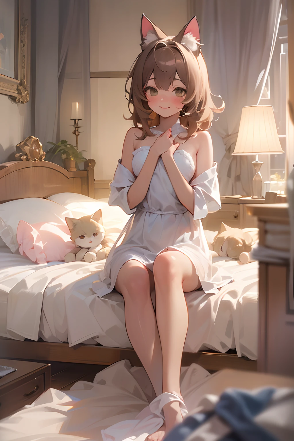 ((Masterpiece)), (High Definition:1.3), (Professional Photography:1.2), best quality, 8K, Textured skin, cinematic lighting, 1girl, wide-shot, (Cute innocent teenage girl), slendar and small breast, very messy medium hair, Wearing lolita dress, (undress naked small breast), blush and smile, cat ears, pale brown hair, (cute posing in the hotel room)