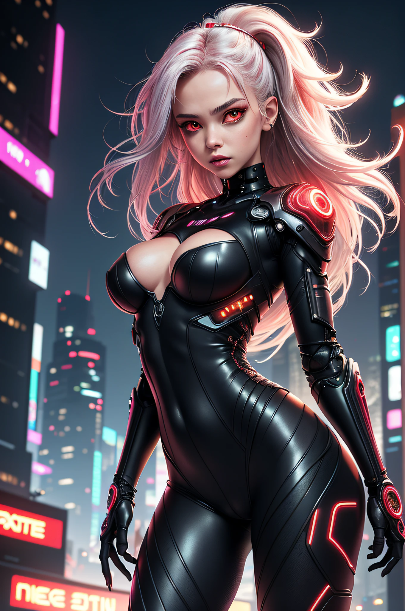 (sfw), intricate details, 1girl, night, (bright neon colors), ((flying over futuristic cyberpunk city)), detailed background, (petite cyborg girl, ((cute perfect face, dreamy glowing red eyes)), flushed cheeks, full lips, mischievous gaze perfect hands, (perfect anatomy, petite perky breasts), (absurdly long gradient red and white hair, hair blowing in the wind)), detailed ribbed impossible half bodysuit, shoulder armor, cybernetic limbs, dynamic angle,