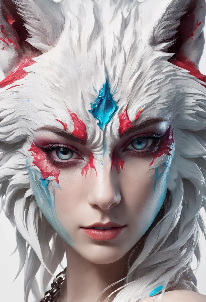 Splash art, a wolf head, ((white background)), piercing eyes, epic Instagram, artstation, splash style of colorful paint, contour, hyperdetailed intricately detailed , unreal engine, fantastical, intricate detail, splash screen, complementary colors, fantasy concept art, 8k resolution, deviantart masterpiece, oil painting, heavy strokes, paint dripping, splash arts