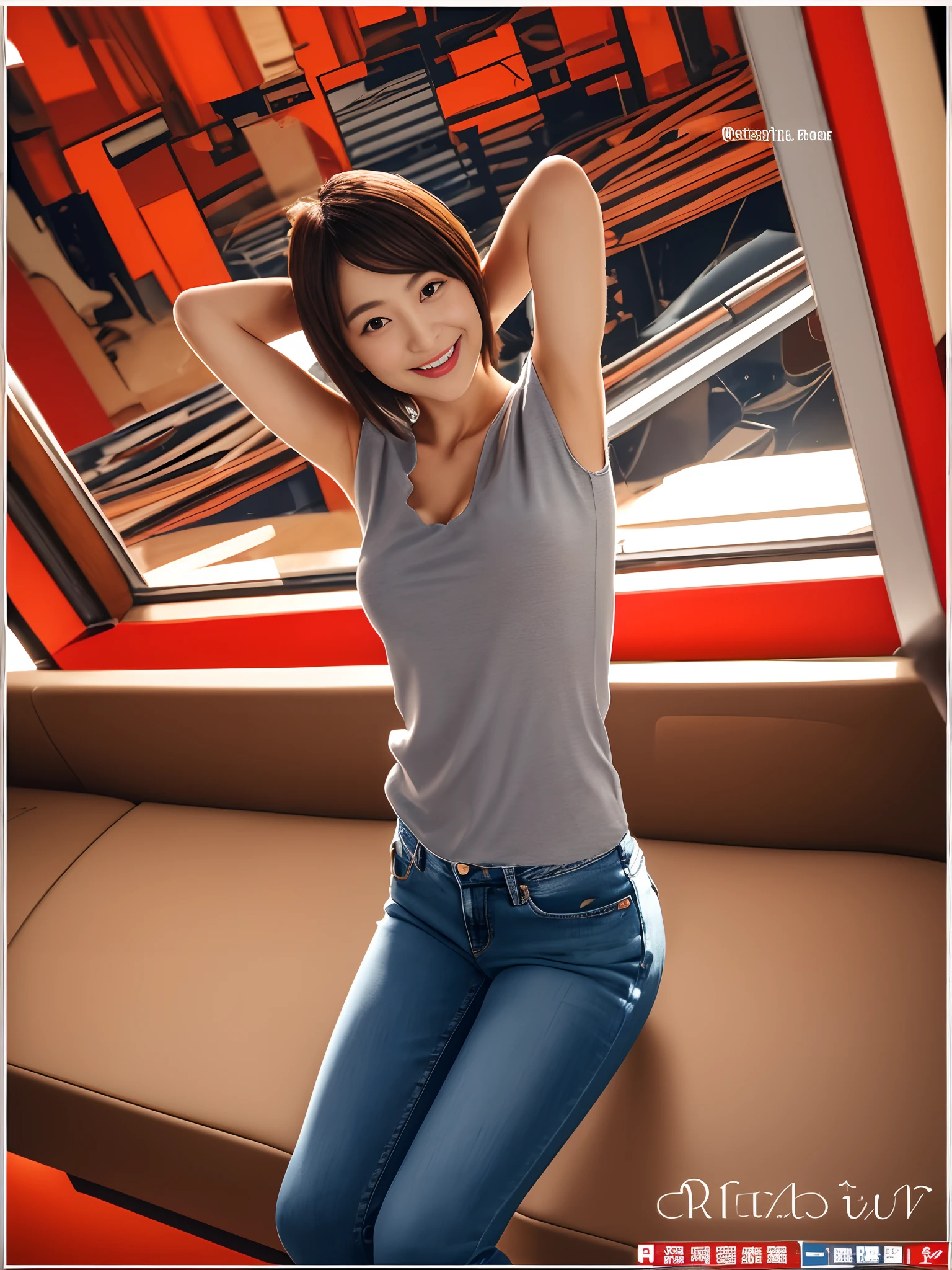 (8K, 超高分辨率, Best quality, Outstanding work:1.2),(18yr old:1.2)、(Charming laughter)RAW portrait of japanese girl、Photorealsitic、top-quality、 (Small of breast, cleavage:1.2),(Gray sleeveless top and braless :1.3)、(Look down from above:1.2)、sit on chair、(inside in room:1.4) hand behind head (Natural skin texture、Detailed skin、Hyper-realism、ultra-sharpness)、intricately details、depth of fields、Dim lighting、Fashion jeans(detailed outfits:1.5)、乃木坂アイドル、hposing Gravure Idol、Actress、Fashion model pose、Petite in stature、Jeans slender legs,short-hair、Delicate hair,fully body photo