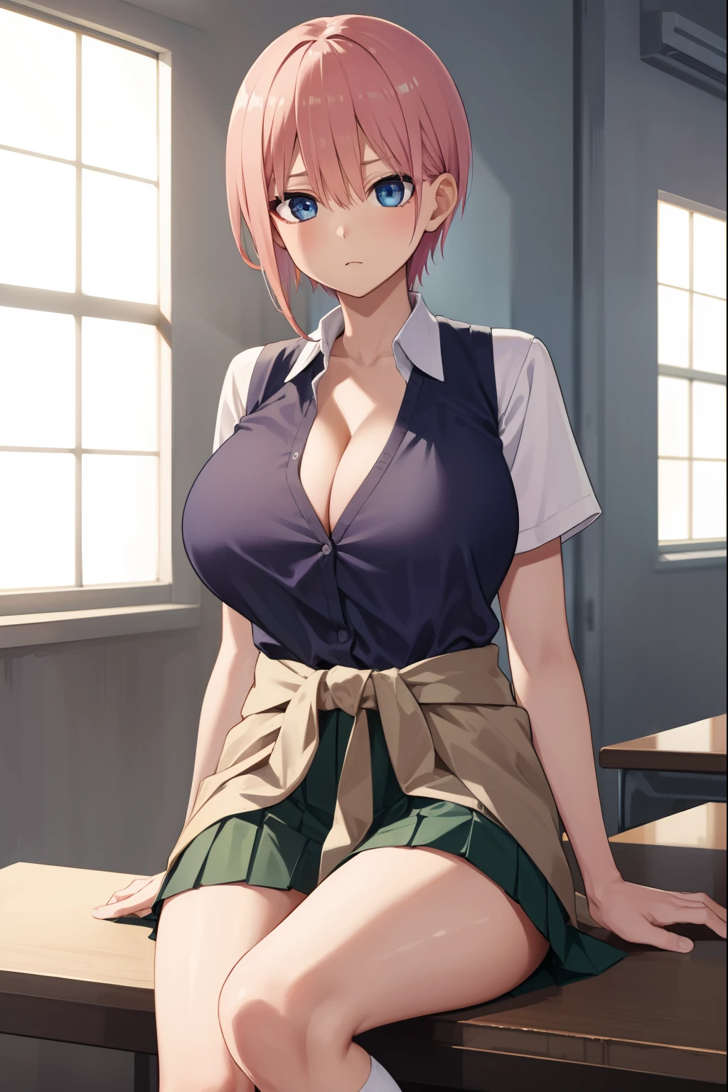 Huge tits, bra, cleavage, ichikanakano, ichika nakano, short hair, bangs, blue eyes, hair between eyes, pink hair,
BREAK skirt, shirt, school uniform, white shirt, short sleeves, pleated skirt, shoes, socks, collared shirt, black footwear, sweater, white socks, green skirt, loafers, clothes around waist,
BREAK indoors, classroom,
BREAK looking at viewer, BREAK (masterpiece:1.2), best quality, high resolution, unity 8k wallpaper, (illustration:0.8), (beautiful detailed eyes:1.6), extremely detailed face, perfect lighting, extremely detailed CG, (perfect hands, perfect anatomy),