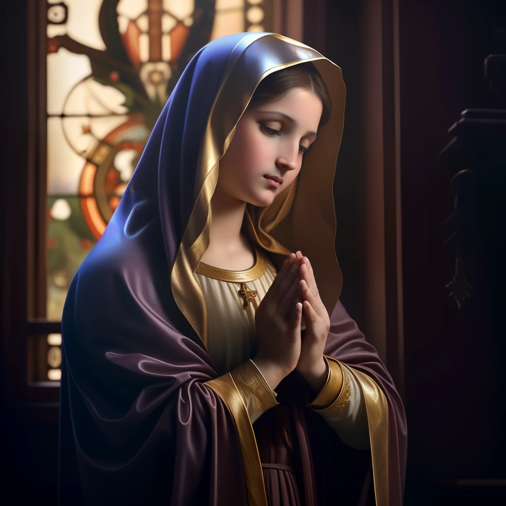(((Blessed Virgin Mary of Mount Carmel))) Luminoso, en estilo similar al del artista WILLIAM ADOLPHE BOUGUEREAU, obra maestra, (La mejor calidad: 1.2), (super fine: 1.2), illustration, (extremadamente delicado y hermoso: 1.2), movie angle, flotante, (Hermoso ojo de detalle: 1.1), (detalle luz: 1.1), Movie Lights, Cielo delicado, ojos azules, (Cola de caballo alta: 1.1), capa, ojuelos, cielo estrellado, (light particles: 1.1) dibujo, flor. (obra maestra), (La mejor calidad), (fotorrealista:1.3), 8k, Textura detallada de la piel, Textura detallada de la tela, hermosa cara detallada, Detalles intrincados, ultra detallado (cuerpo de cuerpo entero:1.2)