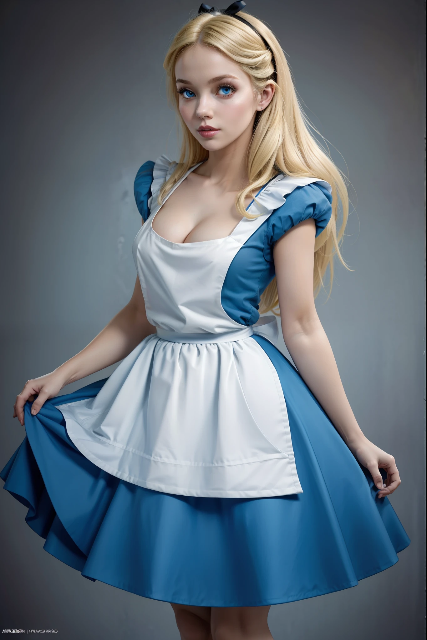 masterpiece, 1girl, solo, a sexy Alice in Wonderland with blonde hair, powder blue dress with white apron, white stockings, cleavage, dynamic, ultra high def, 32k, (perfect anatomy:1.5), perfect legs, in the style of Artgerm and Adam Hughes, perfect arms,