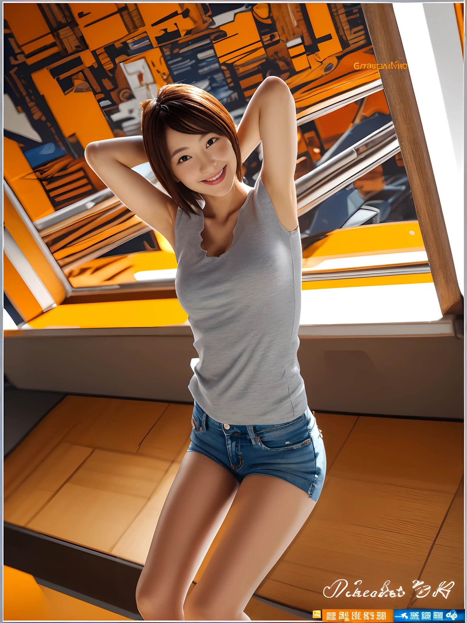 (slightly above), (best quality: 1.5), (realistic: 1.5), (1 person: 1.5), (very detailed), (high resolution), 8k, (naked overalls), (small breasts), Natural colored lips, cute smile, Japanese woman, 20 year old girl, (Beautiful and elaborate face), (Perfect and beautiful face), (Big eyes), (Beautiful and elaborate face), (Beautiful eyes with left and right balance) , beautiful double eyelids, perfect and beautiful face, thin arched eyebrows, slim face, (slim figure), beautiful thin nose, beautiful skin, (medium bob hair), natural bangs, fair skin, frontal lighting, (lighting the face), brunette eyes, slim waistline, slender beautiful legs, beautiful cleavage, small breasts, (slim body), wear overalls naked, factories, mechanics, warehouses, machinery, beautiful breasts,