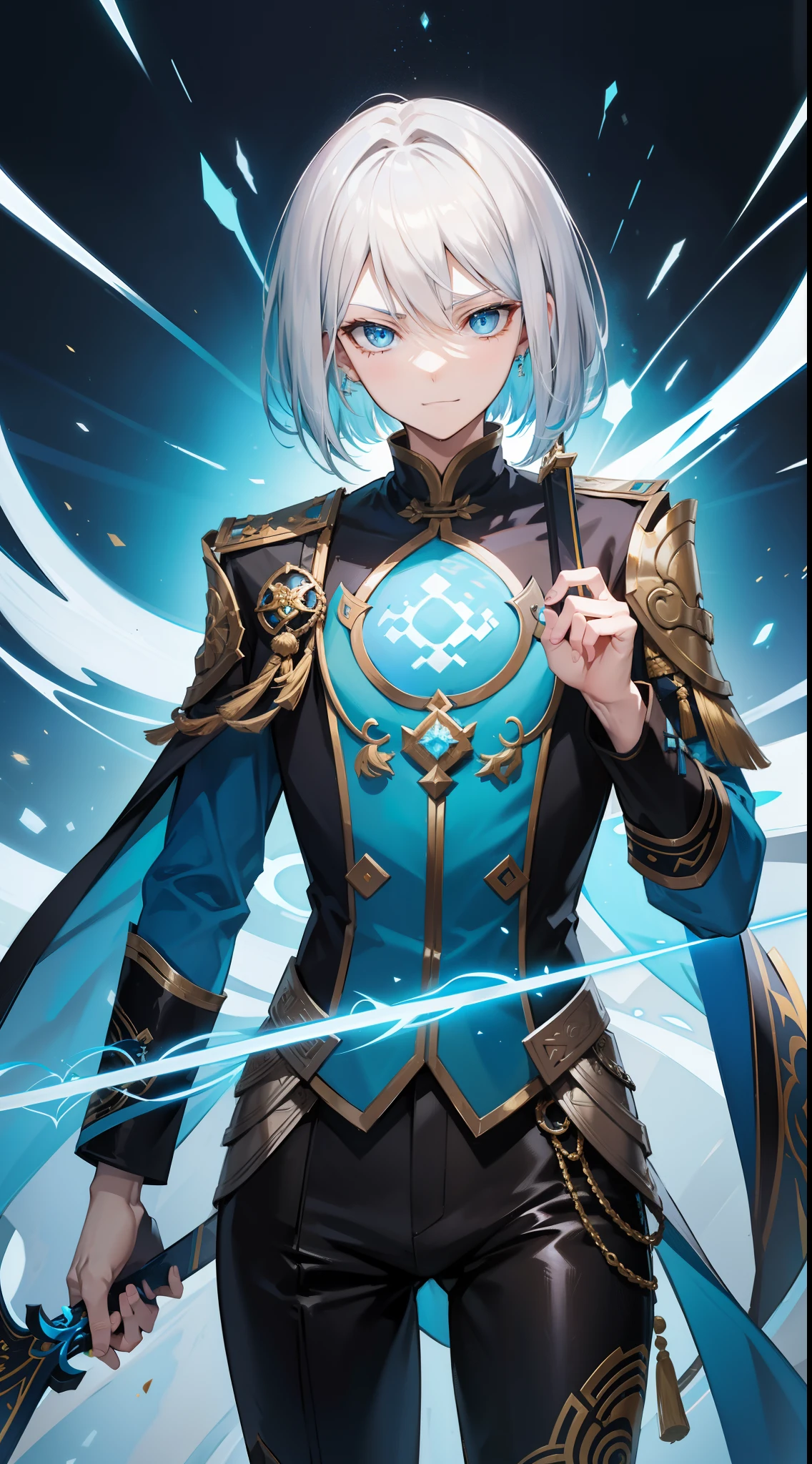 Tall guy, Silver hair in bob, Cyan eyes, smirk, grace, Beautiful blue Chinese combat jacket, Gold Elements, black tight pants, Chinese Sword, Blue finch, Ling(Mobile Legends), hiquality, 4k, HD, Good detail