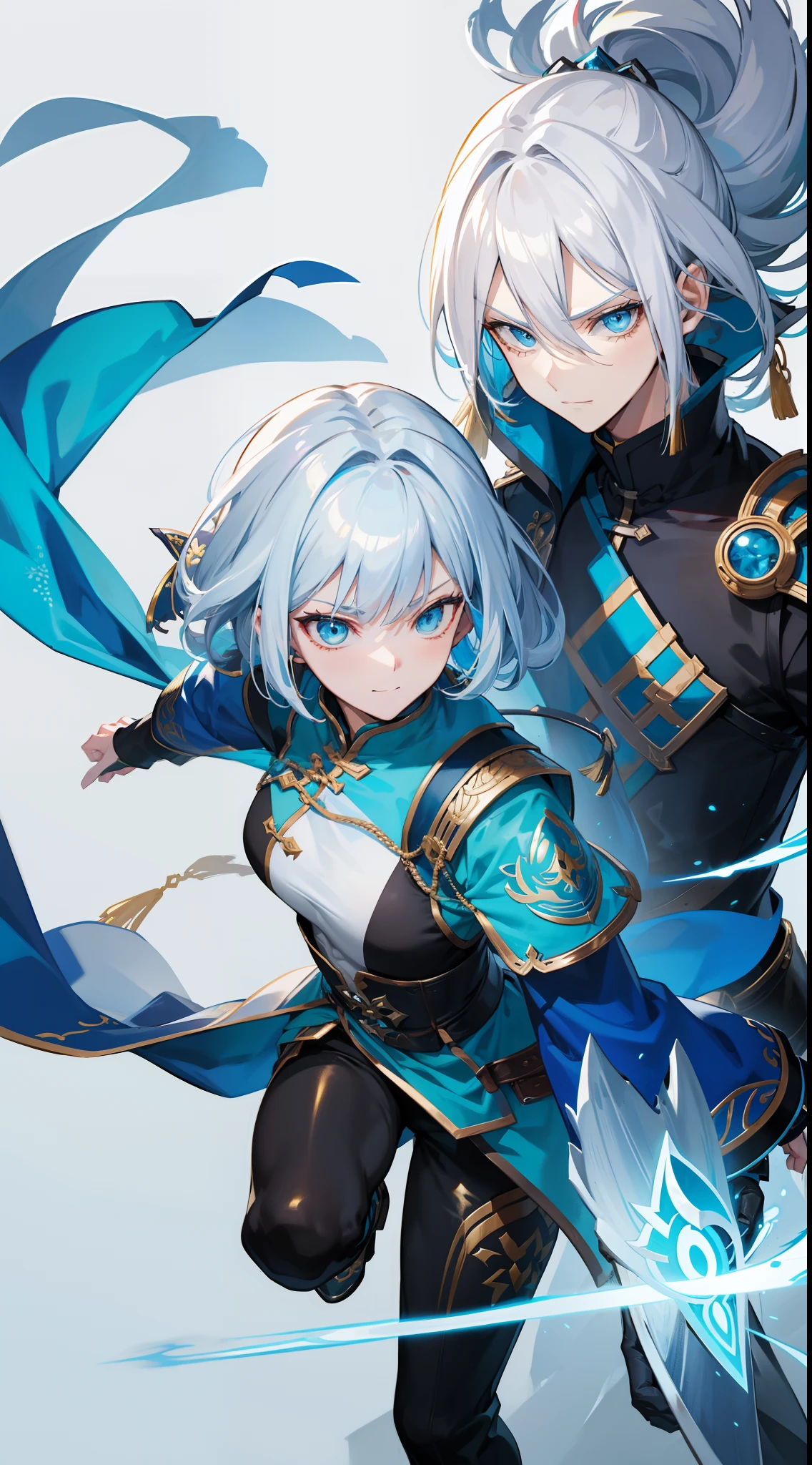 Tall guy, Silver hair in bob, Cyan eyes, smirk, grace, Beautiful blue Chinese combat jacket, Gold Elements, black tight pants, Chinese Sword, Blue finch, Ling(Mobile Legends), hiquality, 4k, HD, Good detail
