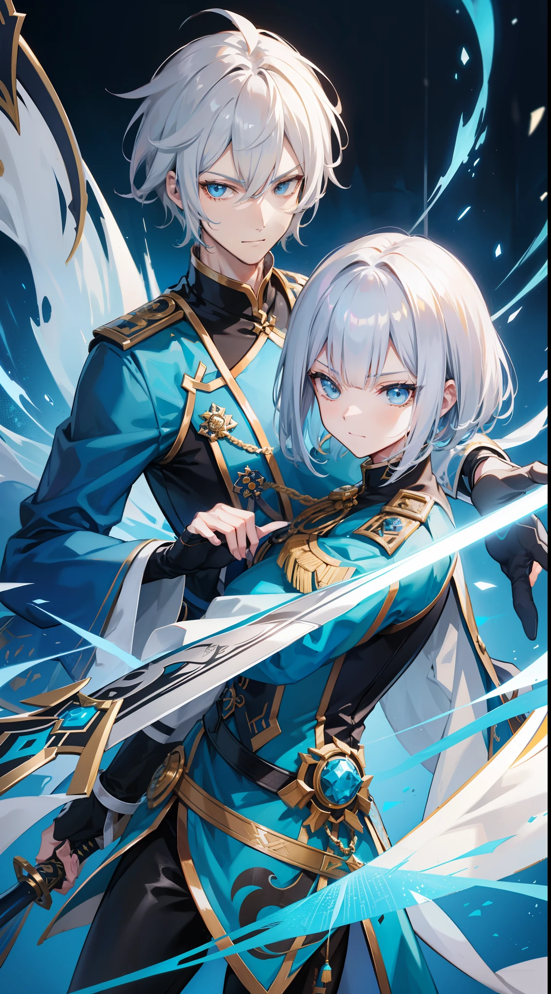 Tall guy, Silver hair in bob, Cyan eyes, smirk, grace, Beautiful blue Chinese combat jacket, Gold Elements, black tight pants, Chinese Sword, Blue finch, Ling(Mobile Legends), hiquality, 4k, HD, Good detail