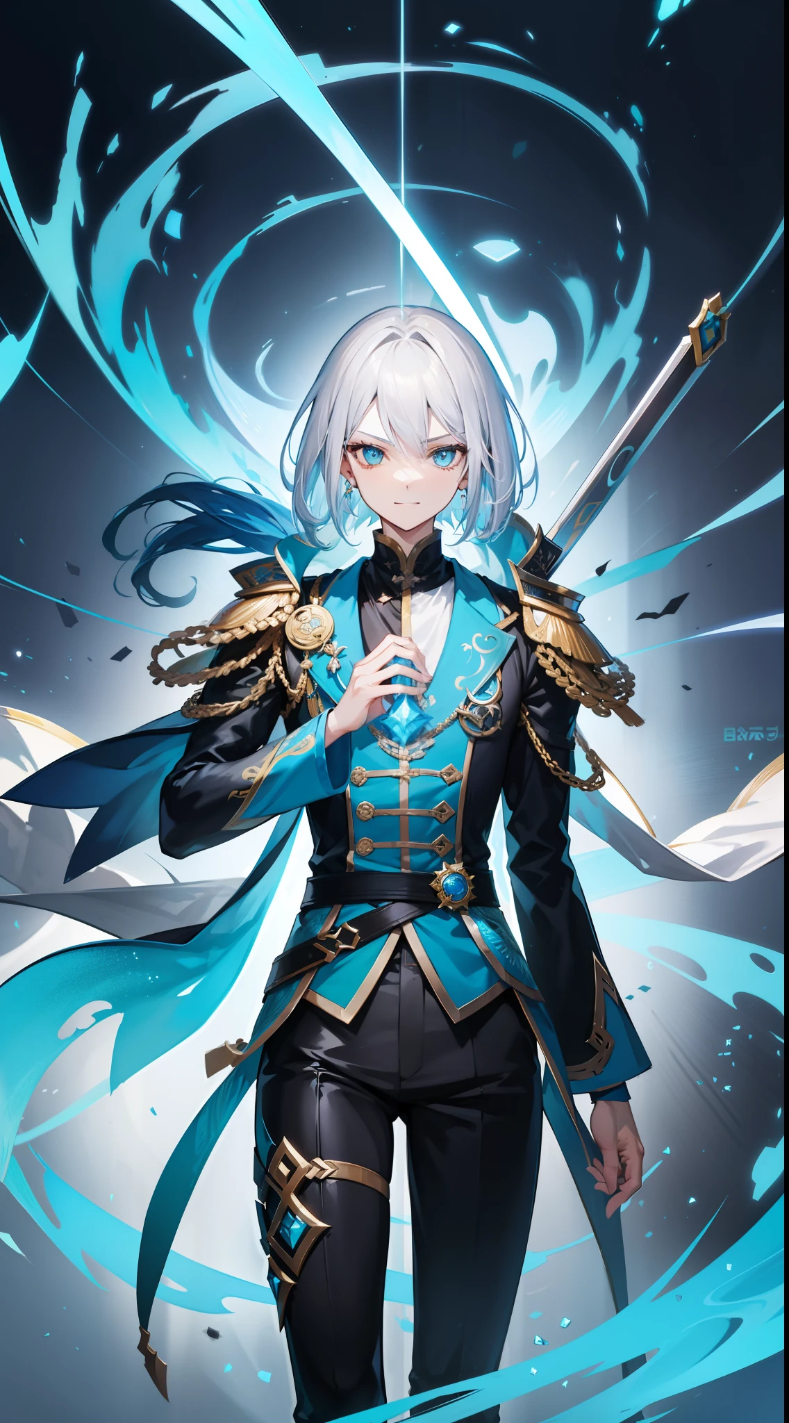 Tall guy, Silver hair in bob, Cyan eyes, smirk, grace, Beautiful blue Chinese combat jacket, Gold Elements, black tight pants, Chinese Sword, Blue finch, Ling(Mobile Legends), hiquality, 4k, HD, Good detail