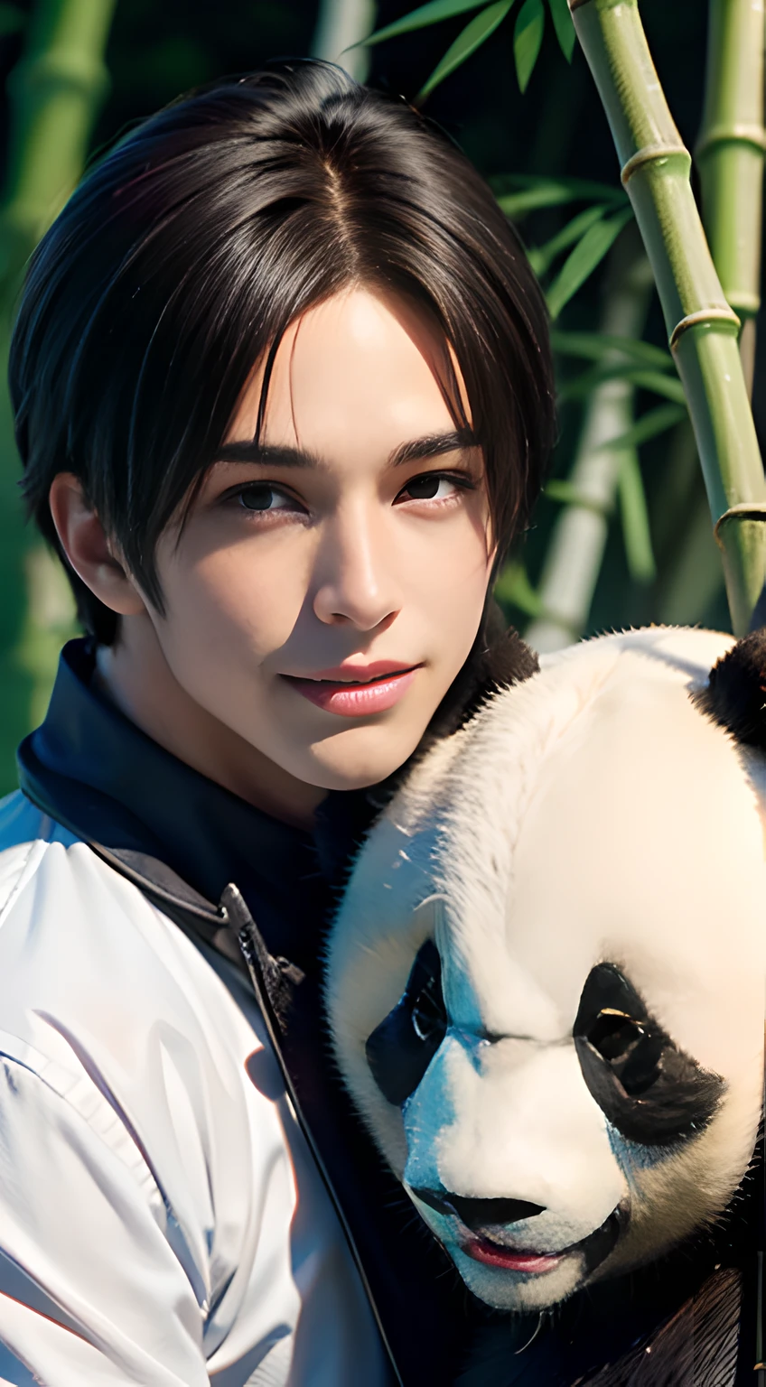 handsome man in his 20s, Leon Kennedy, green short hair, smile,