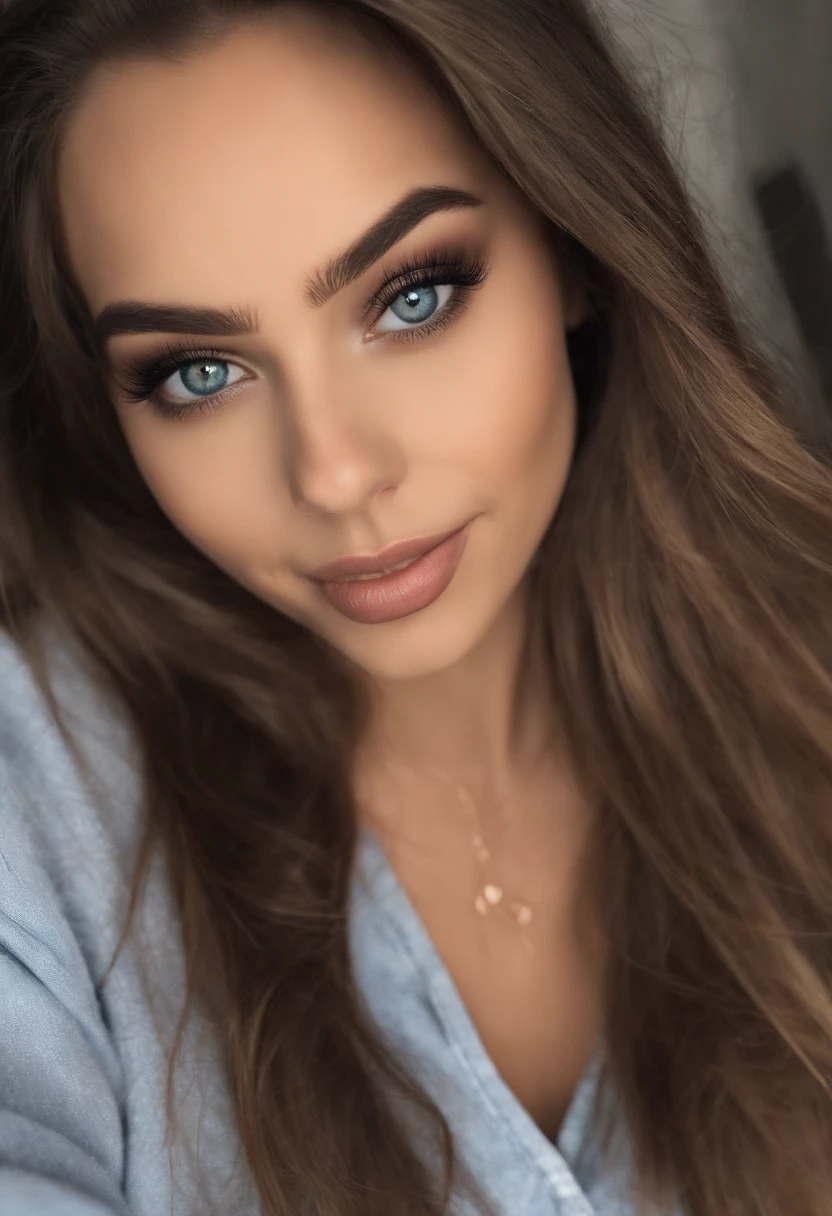 um close up de uma mulher com cabelos longos vestindo uma camisa azul, imagem de perfil, Magalie Villeneuve, tomada em 2 0 2 0, Directed by: Nandor Soldier, Ekaterina, inspired by Ilka Gedő, cerca de 20 yo, Fotografia tirada em 2 0 2 0, sorriso sensual, Ewa Juszkiewicz