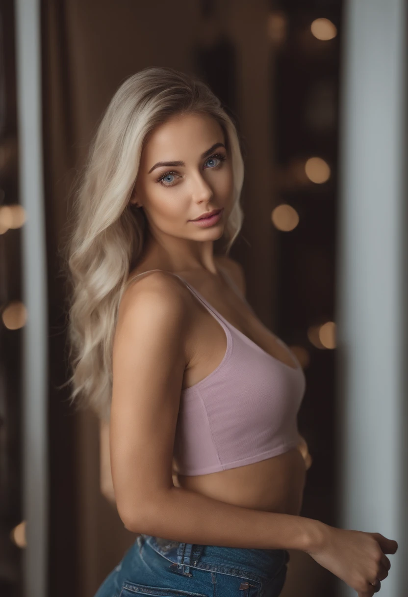 Woman in matching t-shirt and panties, Sexy girl with blue eyes, portrait sophie mudd, Portrait of Corinna Kopf, blonde hair and large eyes, selfie of a young woman, Eyes at the Violet Myers Club, Without Makeup, natural makeup, looking straight at camera, face with artgram, dezentes Make-up, Stunning full-length shot, in bedroom, Splitting holds a book in his hand and shows Knika