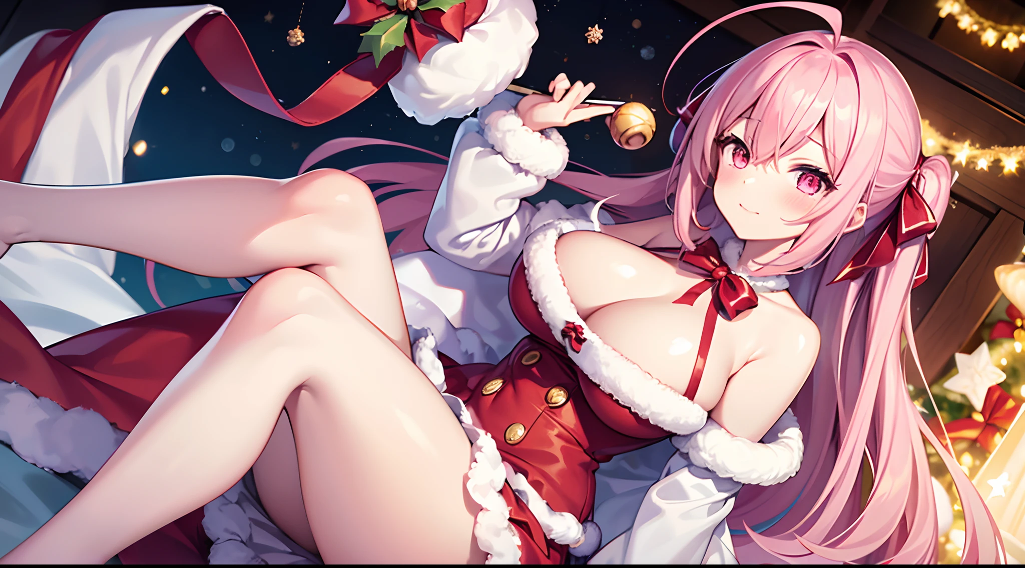 1 girl, game CG, Santa Claus costume, short skirt, cleavage visible, hair ribbon, gigantic breasts, pink hair, long hair, straight hair, ahoge, pink eyes, Christmas background,