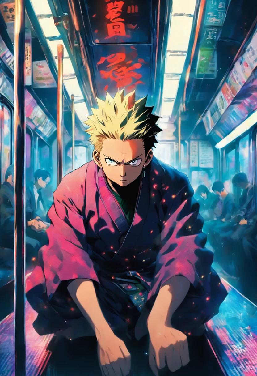 In an everyday setting, Gojo from Jujutsu Kaisen sits casually on a bustling metro train, surrounded by the mundanity of everyday life. Dressed in his distinctive Jujutsu High uniform, he exudes an air of effortless confidence, his vibrant hair contrasting against the backdrop of the subway's monotone palette. With a school bag placed gently on his lap, it's a subtle reminder of his dual existence as both a student and a formidable jujutsu sorcerer. Despite the mundane surroundings, Gojo's piercing eyes hold a hint of hidden power, as if constantly attuned to the supernatural threats that may lurk in the shadows. As the train rumbles along the tracks, he maintains a calm composure, seemingly unfazed by the bustling crowd. His mere presence emanates a sense of protection, as if he is silently guarding those around him from unseen dangers. In this seemingly ordinary moment, Gojo's enigmatic aura and dual identity merge, creating a captivating juxtaposition between the mundane and the supernatural, reminding us of the extraordinary world that lies just beyond our perception.