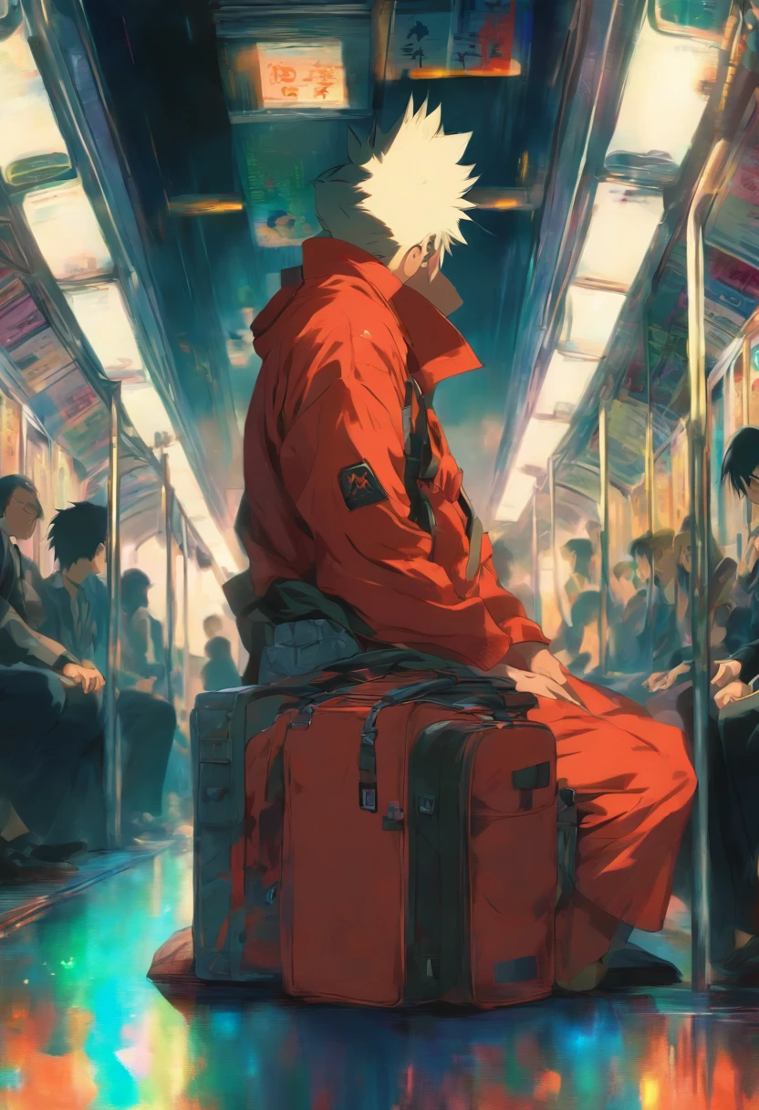 In an everyday setting, Gojo from Jujutsu Kaisen sits casually on a bustling metro train, surrounded by the mundanity of everyday life. Dressed in his distinctive Jujutsu High uniform, he exudes an air of effortless confidence, his vibrant hair contrasting against the backdrop of the subway's monotone palette. With a school bag placed gently on his lap, it's a subtle reminder of his dual existence as both a student and a formidable jujutsu sorcerer. Despite the mundane surroundings, Gojo's piercing eyes hold a hint of hidden power, as if constantly attuned to the supernatural threats that may lurk in the shadows. As the train rumbles along the tracks, he maintains a calm composure, seemingly unfazed by the bustling crowd. His mere presence emanates a sense of protection, as if he is silently guarding those around him from unseen dangers. In this seemingly ordinary moment, Gojo's enigmatic aura and dual identity merge, creating a captivating juxtaposition between the mundane and the supernatural, reminding us of the extraordinary world that lies just beyond our perception.