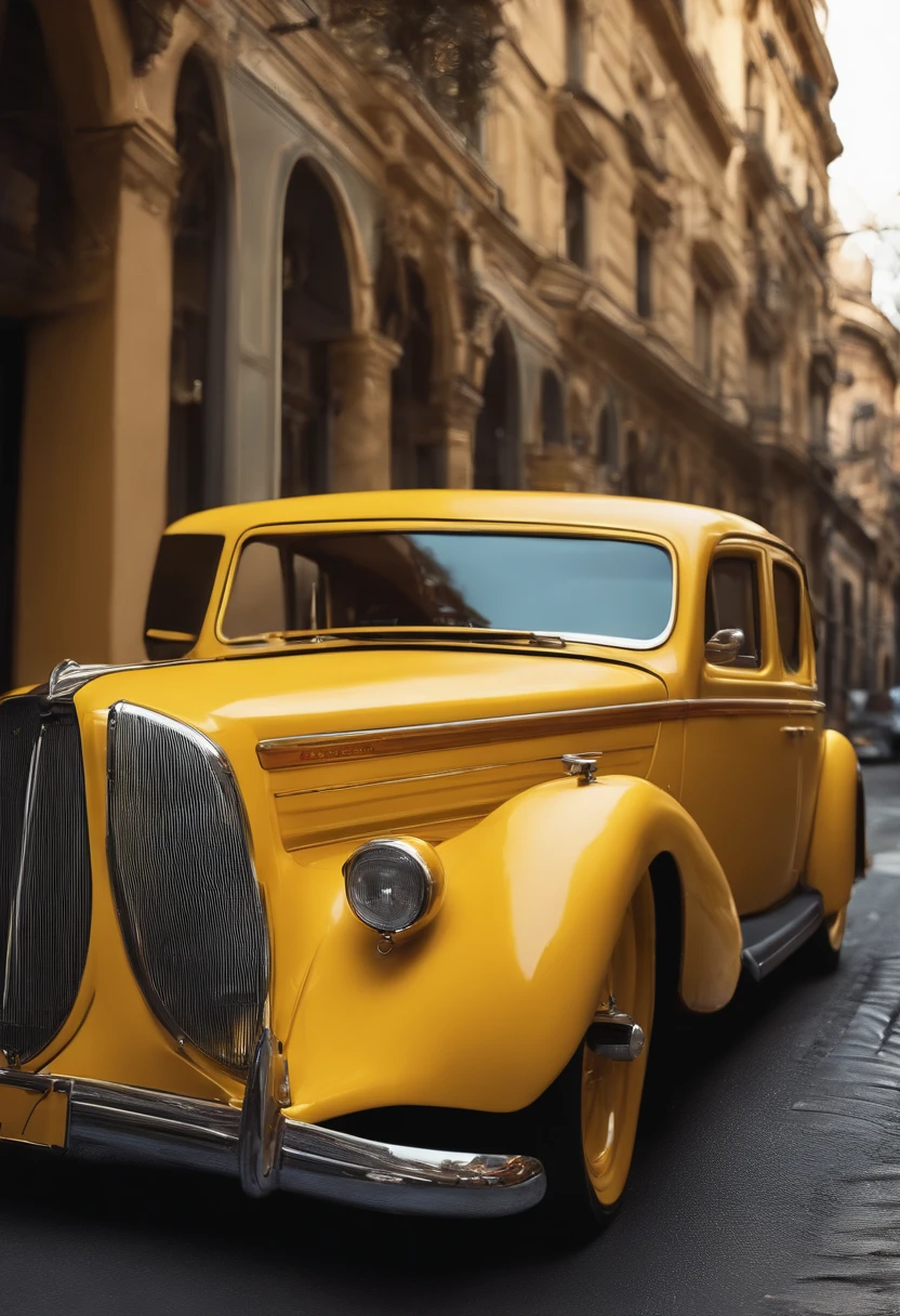 yellow car on the street, hyperrealistic