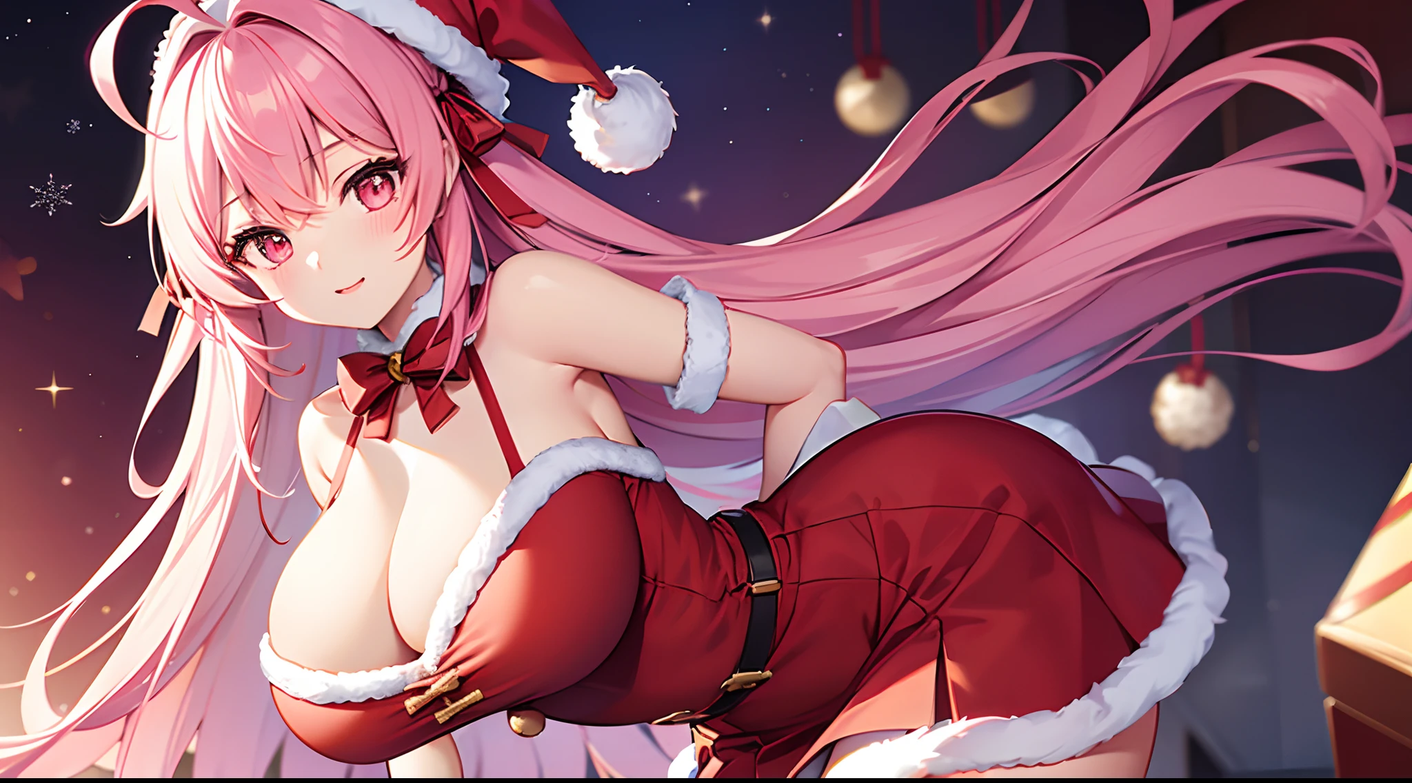 1 girl, game CG, Santa Claus costume, short skirt, cleavage visible, hair ribbon, gigantic breasts, pink hair, long hair, straight hair, ahoge, pink eyes, Christmas background,