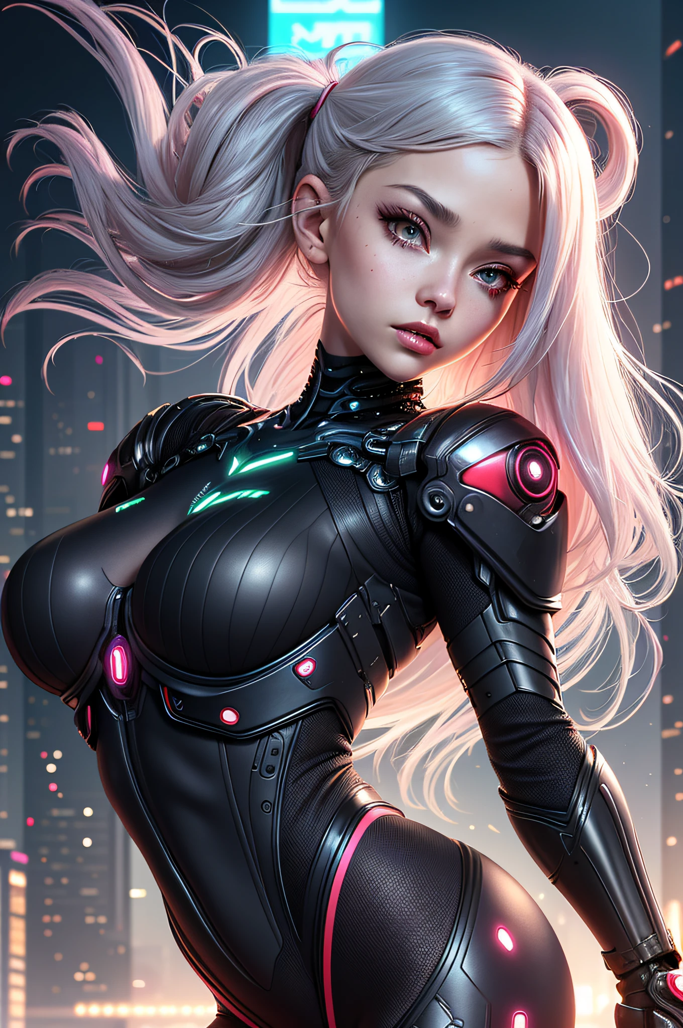 (masterpiece), best quality, expressive eyes, perfect face, beautiful details face, beautiful round eyes, full body, A beautiful mature woman in cyber armour suit shows her Extremely busty and attractive breasts, (arrogant face), (platinum pink hair), (high ponytail, expressive hair, shiny hair, glowing hair, multicolored hair, gradient hair, colored inner hair, straight hair, medium long hair), fair skin, (beautiful detailed full bodysuit:1.3), (full body cyber armour), glowing and shining armour, silver and pink cyber armour, (Edge lights:1.3), (silver and pink colour scheme:1.3), neon light on armor, beautiful details eyes, (pink eyes:1.3), (glowing eyes:1.2), (Gigantic saggy breasts:1.5), tight breasts, thick body, (well accentuated curves), pink lips, (silver nails), mascara, Long eyelashes, eyeliners, (Extremely wide well defined hips:1.3), (beautiful massive thick thighs:1.3), slender figure, (Extremely detailed skin texture:1.2), beautiful detailed realistic muscle definition, golden lights that shimmer, high detailed eyes, ultra-high quality model, proportionate, intense colouration fantasy, (background fantasy floating cyber city), pink and gold tetradic colours, random poses, earrings, (1girl), solo, shine