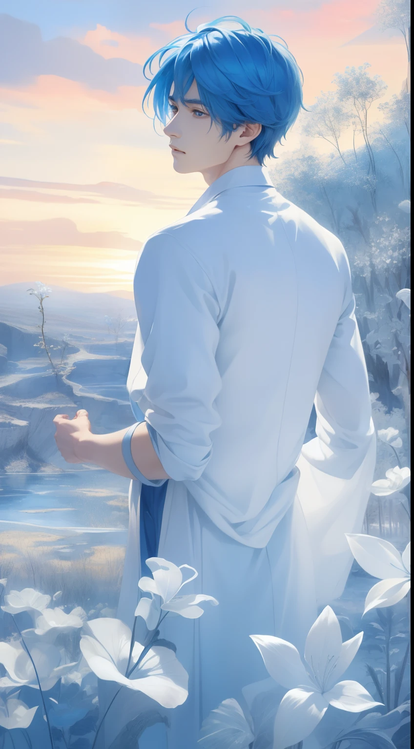 Beautifully drawn, High quality, Ultra-detailed CG illustration of a young man with a calm expression, Gaze into the distance,His striking light blue hair fluttered gently in the desert breeze. The landscape behind him is vast and breathtaking, Transports viewers to a world of wonder and exploration.