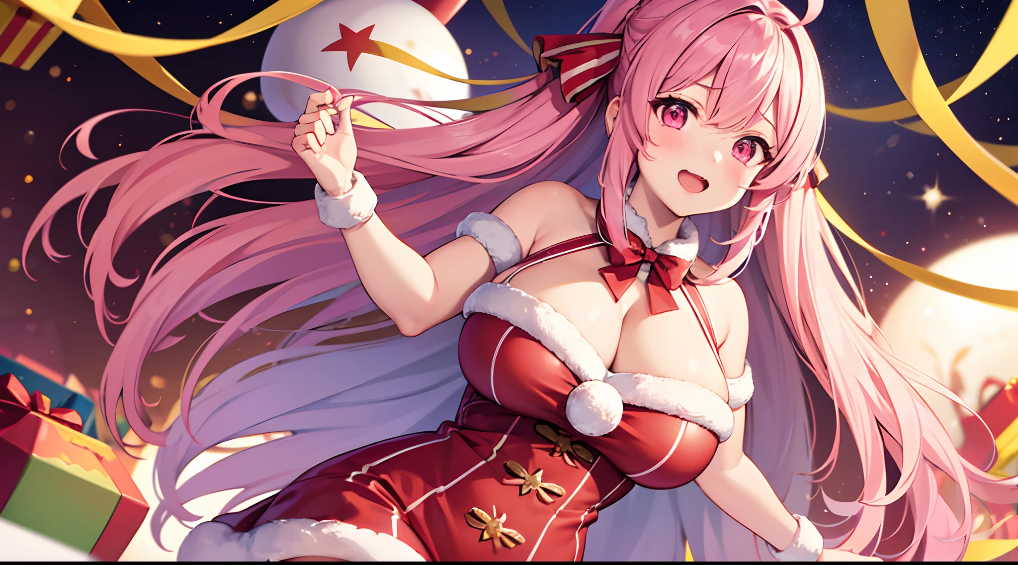 1 girl, game CG, Santa Claus costume, short skirt, cleavage visible, hair ribbon, gigantic breasts, pink hair, long hair, straight hair, ahoge, pink eyes, Christmas background,