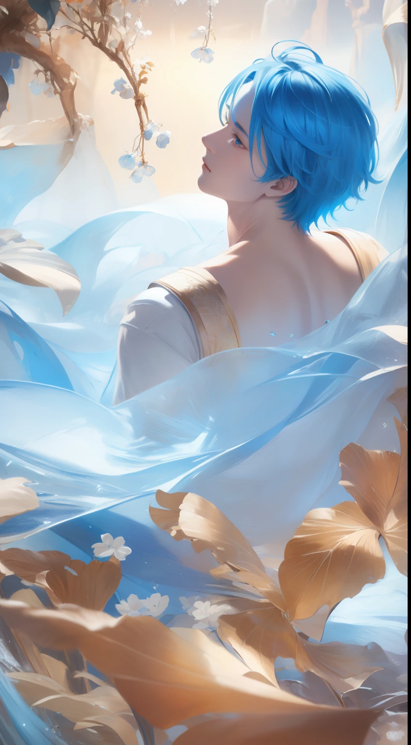 Beautifully drawn, High quality, Ultra-detailed CG illustration of a young man with a calm expression, Gaze into the distance，His striking light blue hair fluttered gently in the desert breeze. The landscape behind him is vast and breathtaking, Transports viewers to a world of wonder and exploration.