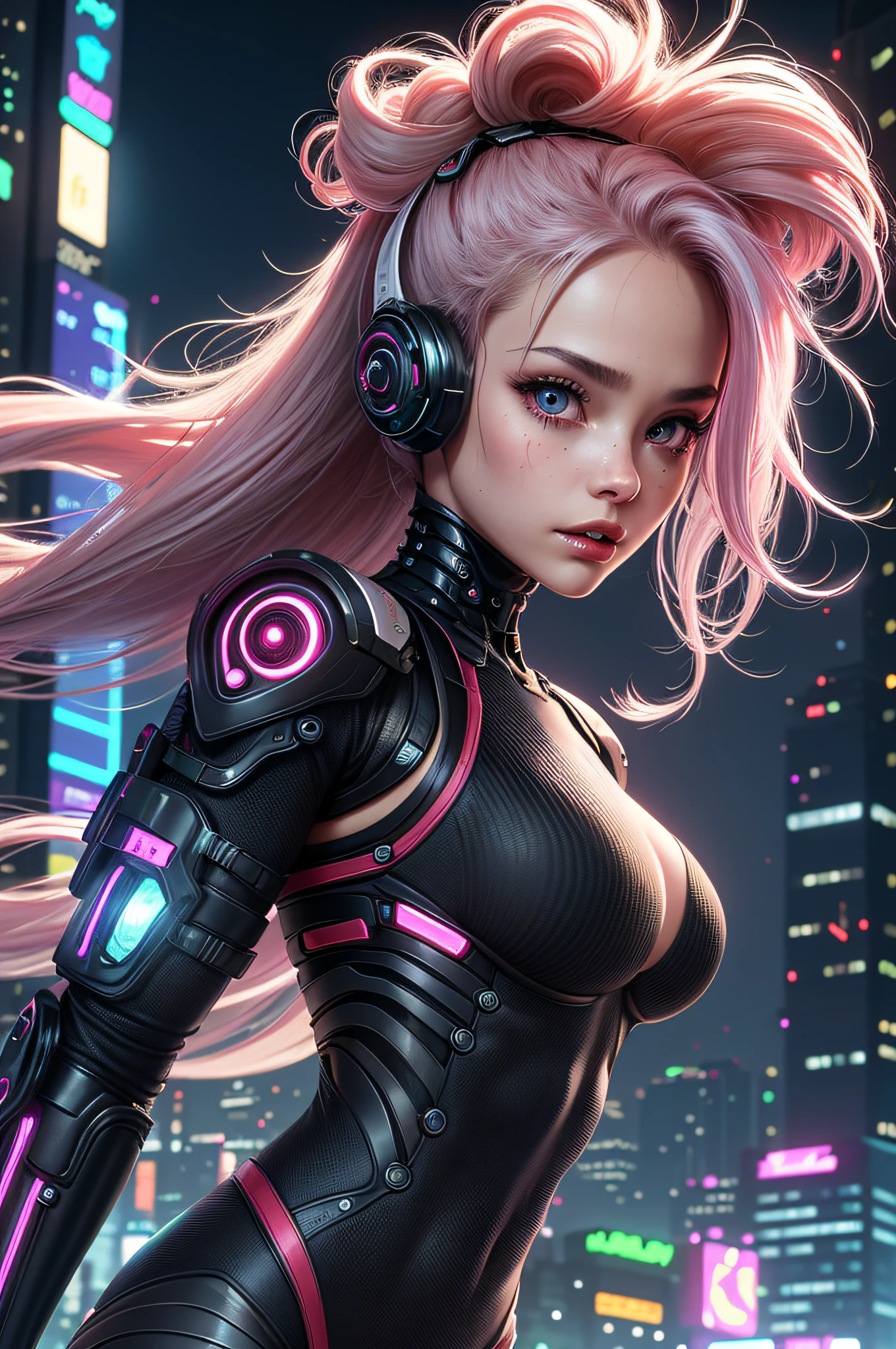 In a futuristic sci-fi setting, a cyberpunk femme fatale leans against a hovering motorcycle with neon lights illuminating her metallic tattoos. Her high-tech visor reflects the vibrant city skyline as she confidently smirks, showcasing her perfectly manicured nails, beautiful detailed glow, detailed, Cinematic light, intricate detail, high resolution, detailed facial features, high detail, sharp focus, smooth, aesthetic, extremely detailed, stamp, octane render,