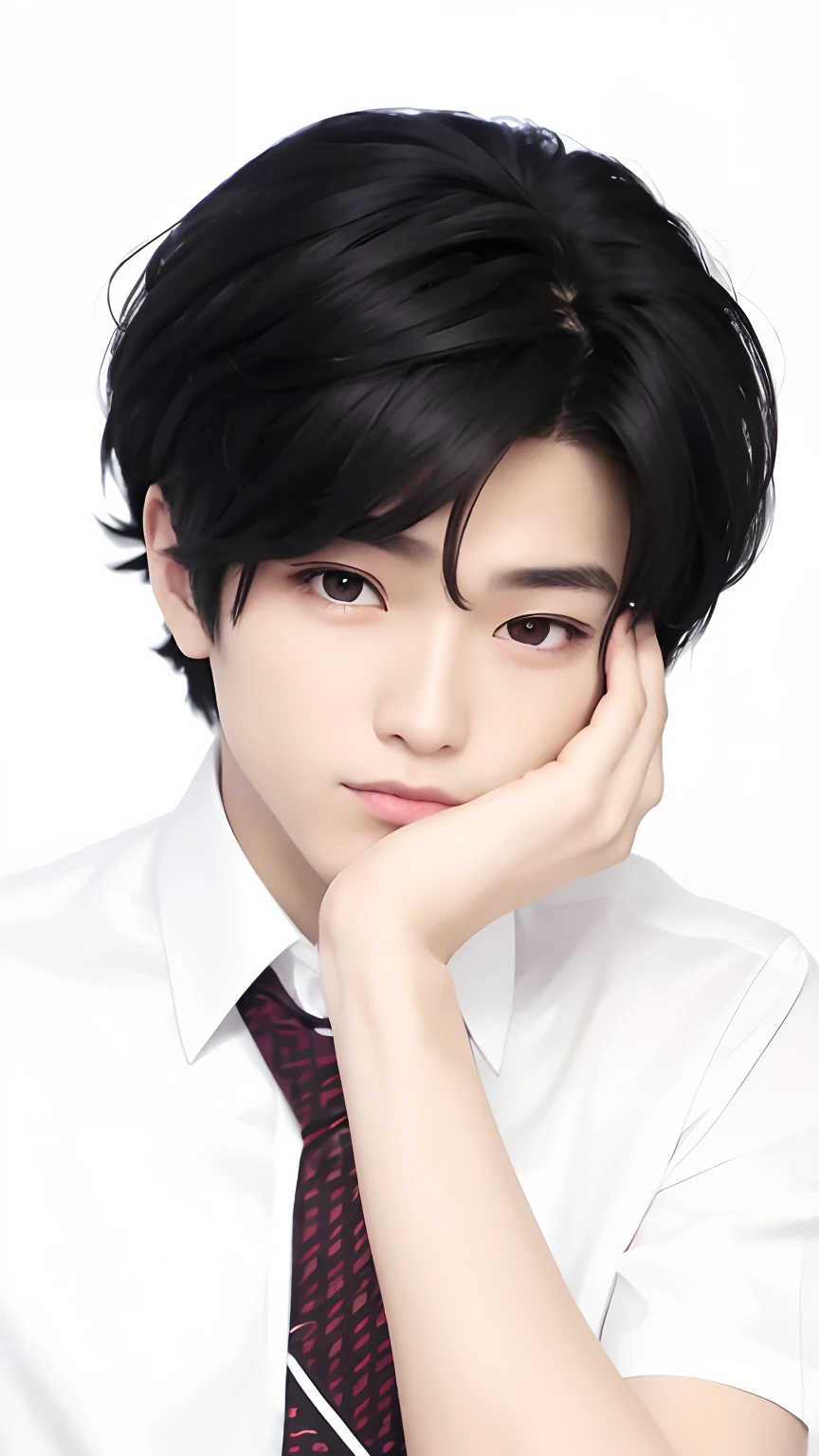 1boys, black hair, black eyes, white shirts, black and red tie, handsome, realistic, ultra detail, 70mn lens