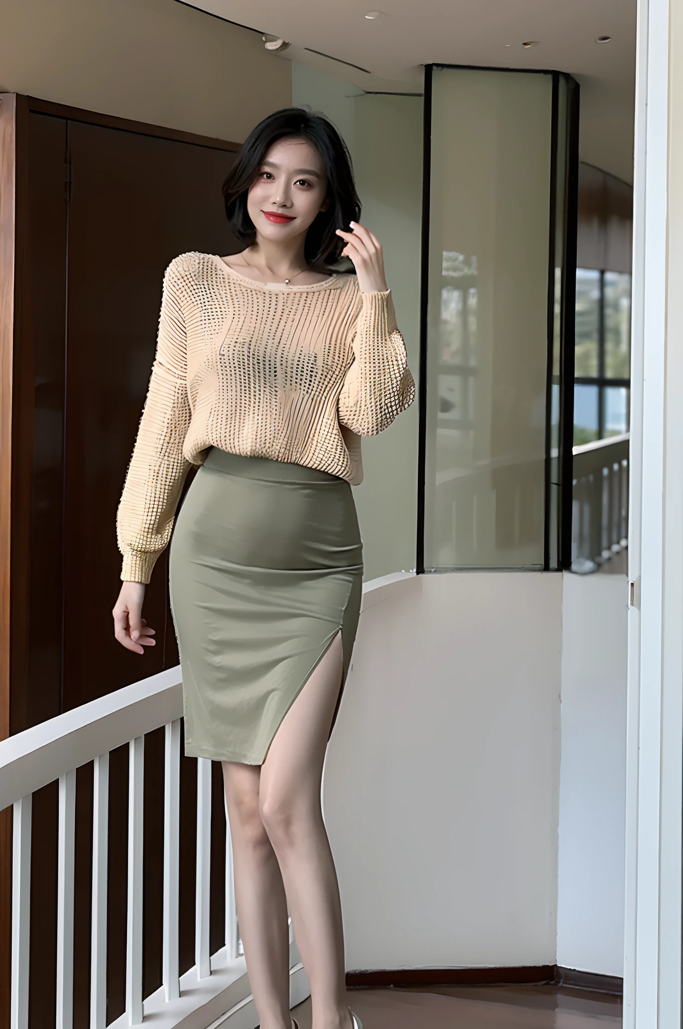 Best quality,Masterpiece,超高分辨率,(Realisticity:1.4),Original photo,Cinematic lighting,
1 young girl,Smile,Ocean,Sheer flesh-colored colorless pantyhose,Stiletto heels,Lace skirt,huge tit,largeeyes,standing on your feet,On the glass balcony,Lace long sleeves,short detailed hair,In the daytime