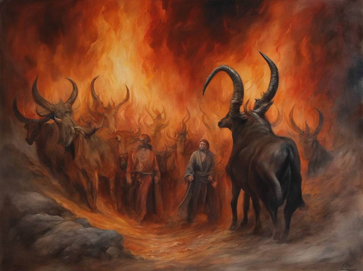 Realistic 8K oil painting of people suffering in the wells of hell, In the middle of the image Elon Musk with horns on his head, Obra de arte inspirada no Inferno de Dante