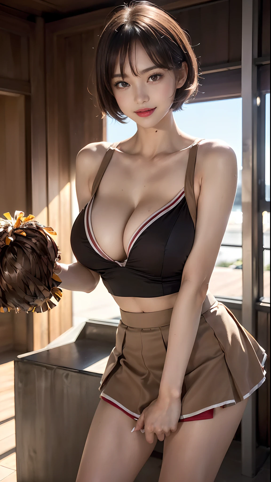((1girl in:1.8))、((独奏:1.8))、((Holding objects in your hands:0.1)、((From below:1.2))、((slenderbody:1.5))、((Colossal tits:1.4,cleavage of the breast:1.2)),((colourfull:1.5,wearing cheerleader costume:1.5,Microflare skirt:1.5))、((Standing Pose:1.3,open the legs widely:1.3))、Rocket Big 1.2、Straight in front photo:1.8、Photo above the knee:1.5、8k wallpaper、超A high resolution,((Photoreal Stick:1.4)),masutepiece,Best Quality,Perfect Lighting,Detailed Lighting,Dramatic light and shadow,Ray tracing,(Perfect Anatomy:1.4)、((Looking at Viewer))、A detailed face、A detailed eye、Detailed clavicle、real looking skin、20yr old、((A smile:1.1))、((Brown semi-shorthair:1.3))、Brown-eyed、eye line、Red Lip、dress room