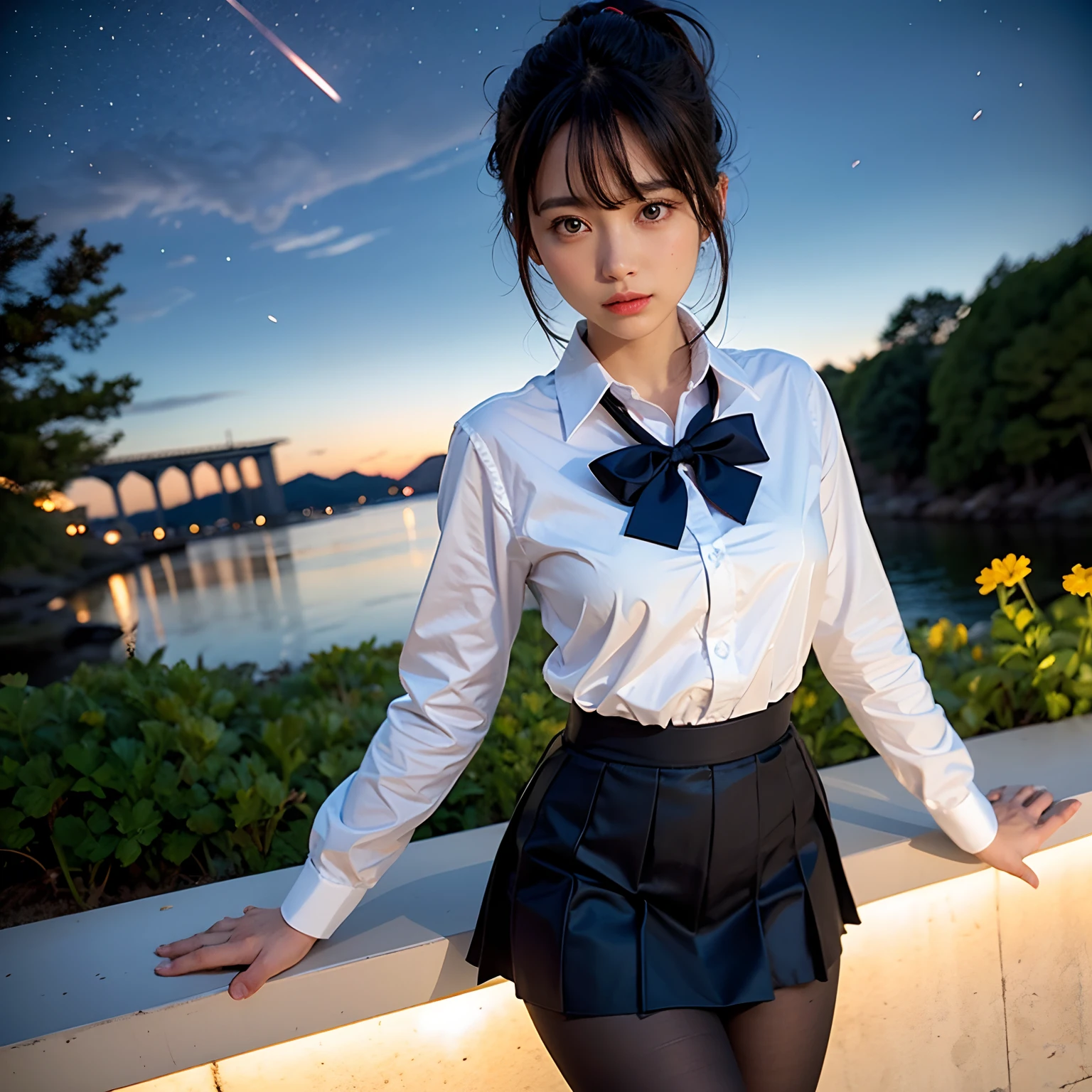 best quality, masterpiece,, Illustration, Wallpaper,1girl, solo, school uniform, white shirt, black skirt, light hair, semi-long hair, beautiful detailed girl, extremely detailed eyes and face, beautiful detailed eyes, shy, natural_lighting, glow,nsfw, clean sky, looking at viewer, outdoors, night sky, star (sky), loafers, black pantyhose, blue bowtie, straight hair, purple petals, purple and blue flowers, red pupil, ponytail, blue ribbon,white hair, thick_thighs, large breasts, red eyes,