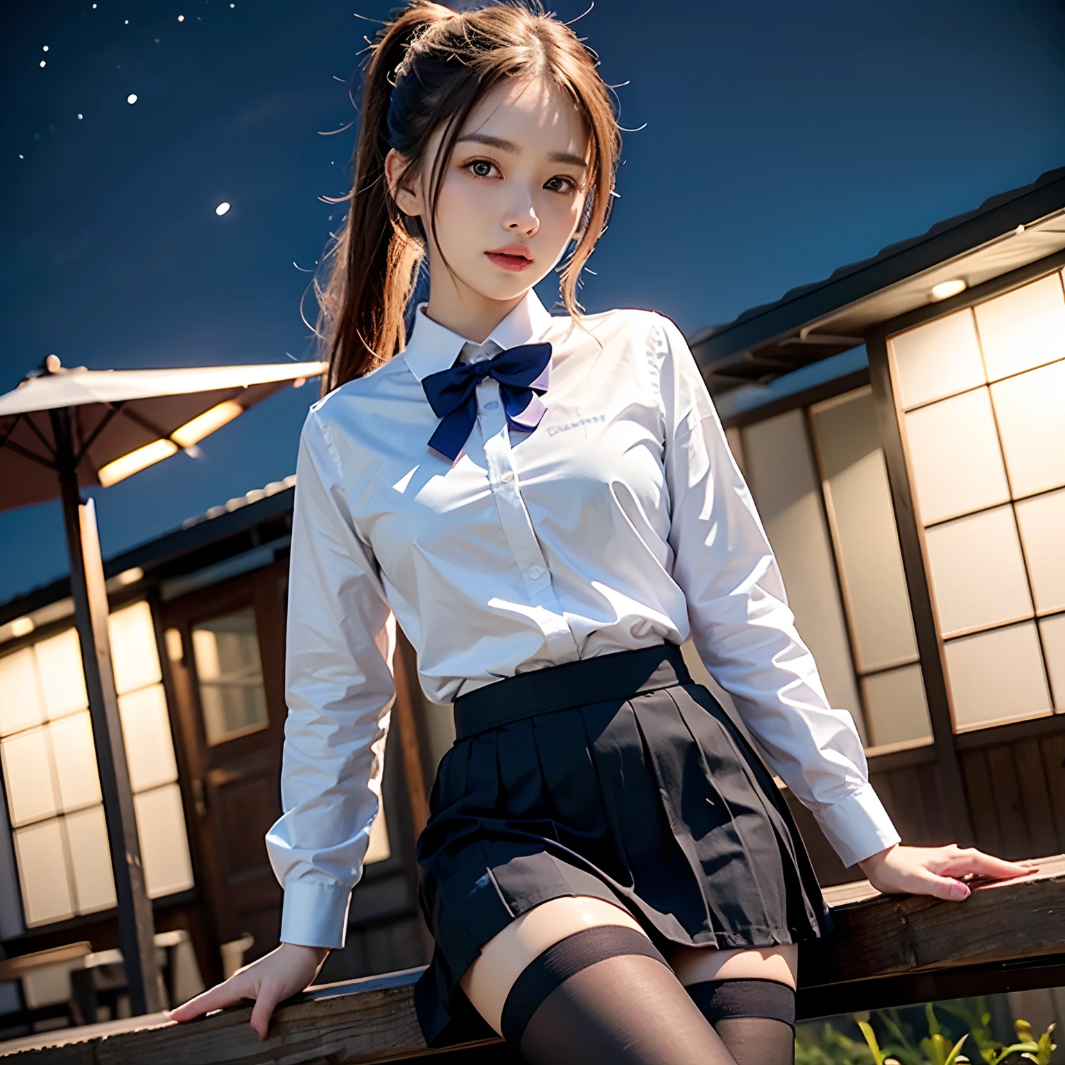 best quality, masterpiece,, Illustration, Wallpaper,1girl, solo, school uniform, white shirt, black skirt, light hair, semi-long hair, beautiful detailed girl, extremely detailed eyes and face, beautiful detailed eyes, shy, natural_lighting, glow,nsfw, clean sky, looking at viewer, outdoors, night sky, star (sky), loafers, black pantyhose, blue bowtie, straight hair, purple petals, purple and blue flowers, red pupil, ponytail, blue ribbon,white hair, thick_thighs, large breasts, red eyes,