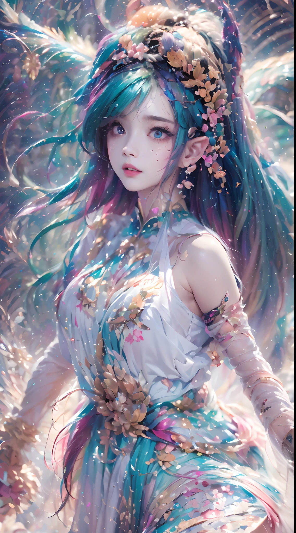 ( Absurd, High quality, Ultra-detailed, Masterpiece, concept-art, smooth, high detail artwork, Hyper-realistic painting , high resolution, paint splatter, colored splashing, Splash of Ink, colored splashing), ((Sweet Chinese girl, Rainbow hair)),elf, Plum elf, plum , Transparent fairy wings, huge tit,low chest,fairytale-like, Romantic, Vivid, Whole body,hand behind back,Malu,largeeyes,(Eye focus),Cosmic eyes,Space eyes,In nature with waterfalls,PureErosFace_V1,Urzang-6500-V1 version.1,