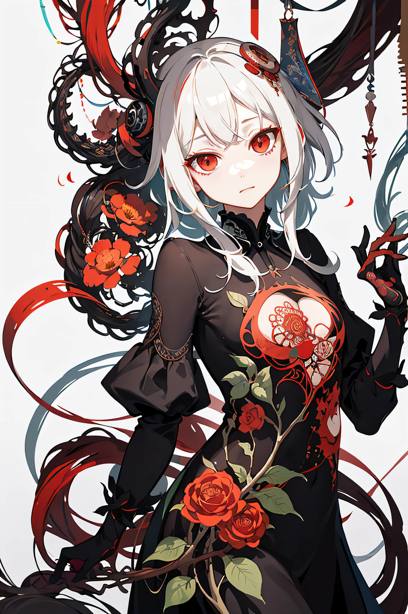 Official art, Unity 8k壁纸, ultra-detailliert, Beautiful and aesthetic, masutepiece, Best Quality, (Zentangle, mandalas, Tangle, Entangle), (Fractal Art:1.3) , 1girl in, Red flowers, Extremely detailed, Dynamic Angle, cowboyshot, Most Beautiful Form of Chaos, Elegant, a brutalist designed, vivd colour, romanticism, by james jean, roby dwi antono, by Ross Tran, Francis Bacon, michal mraz, Adrian Ghenny, petra cortright, Gerhard Richter, Takato Yamamoto, Ashley Wood, Atmospheric
