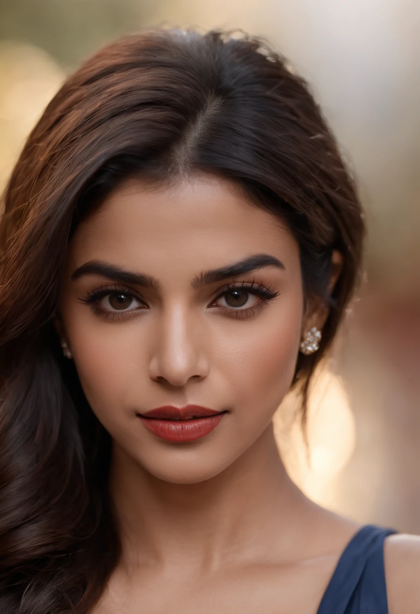 panoramic long shot of a Priyanka Chopra , looking at the viewer in a playful gaze, dynamic pose, old classic , wavy black hair, 50s pin up style, intricate, detailed, DSLR camera , 8K UHD, deep blacks, post processing, nubian nose, protruding teeth, prominent tight breast