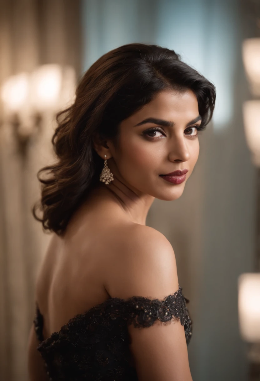 panoramic long shot of a Priyanka Chopra , looking at the viewer in a playful gaze, dynamic pose, old classic , wavy black hair, 50s pin up style, intricate, detailed, DSLR camera , 8K UHD, deep blacks, post processing, nubian nose, protruding teeth, prominent tight breast