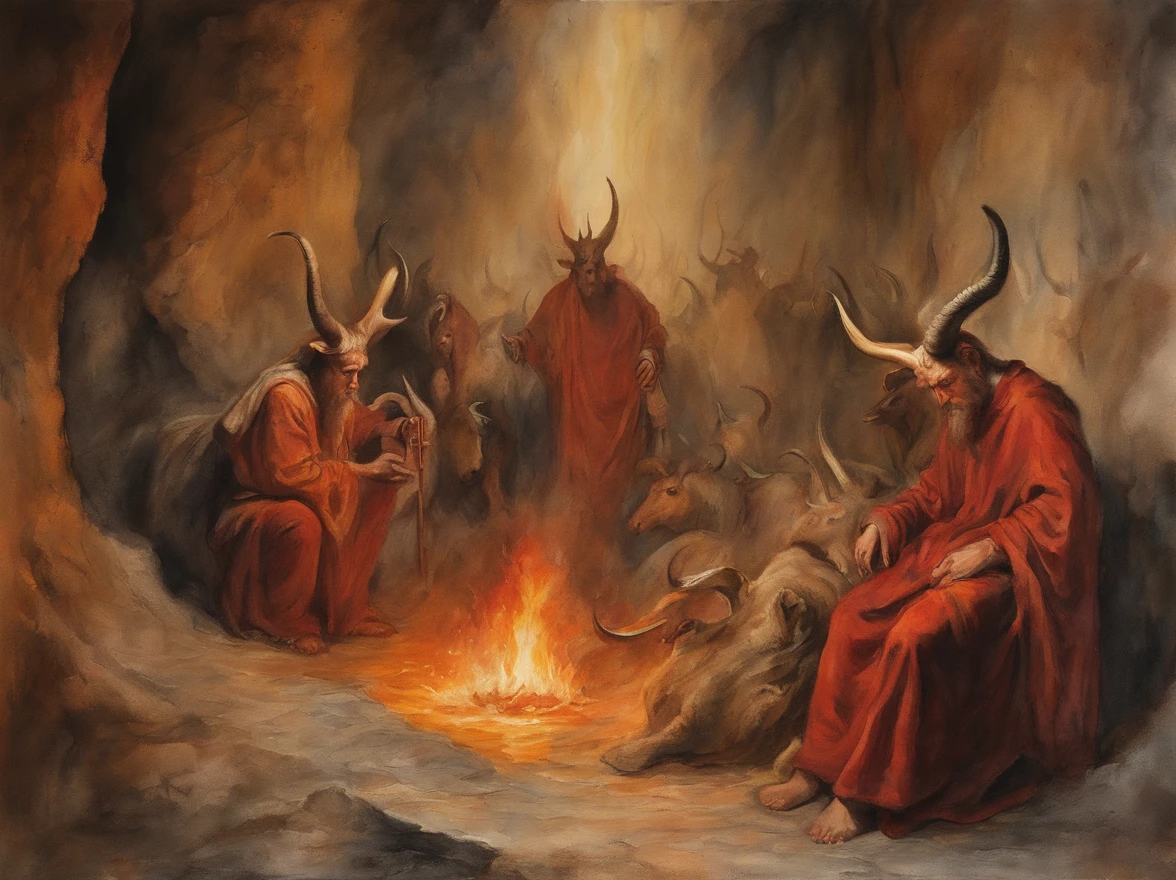 Realistic 8K oil painting of people suffering in the wells of hell, In the middle of the image Elon Musk with horns on his head, Obra de arte inspirada no Inferno de Dante