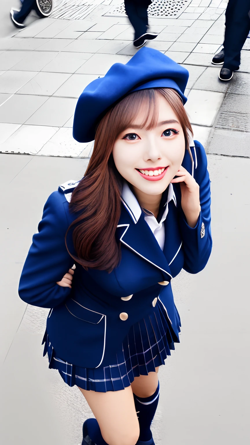 Raw photo, Photorealsitic, Full body like, is standing, Beautuful Women, An 18-year-old woman, A smile, hight resolution, super precision, Best Quality, Japan High School Girl Uniform, beret, Paris, Champs-Elysées, Leaves, Street corner in autumn, stone pavement, blue open sky, 1girl in, knee sox, show window, Pull the camera, street shot, Blue coat